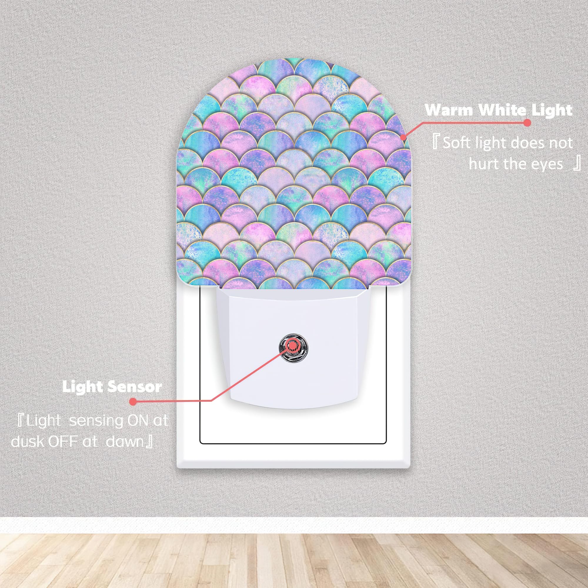 Axxitude Pink Mermaid Fish Scales Night Lights Plug Into Wall For Girls Boys Room,Night Light Led Lamp Dusk To Dawn Sensor Round