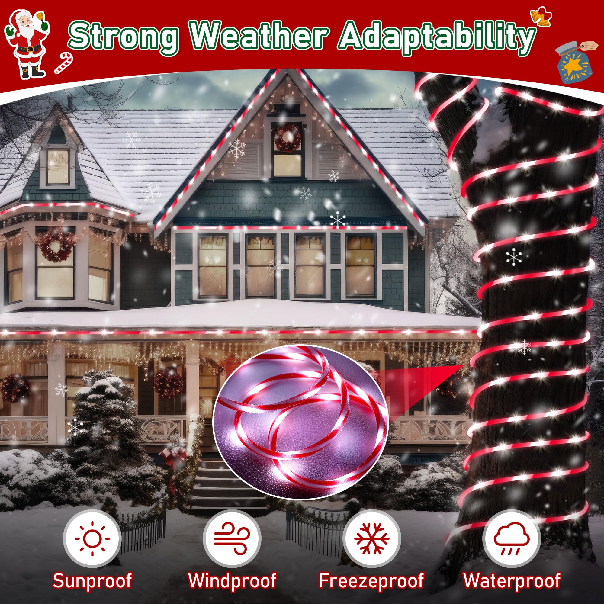 Hiboom Christmas Candy Cane Rope Lights, 65.6 ft, Red & White, Waterproof, 8 Lighting Modes, Timer, Model CW-Hiboom-1463