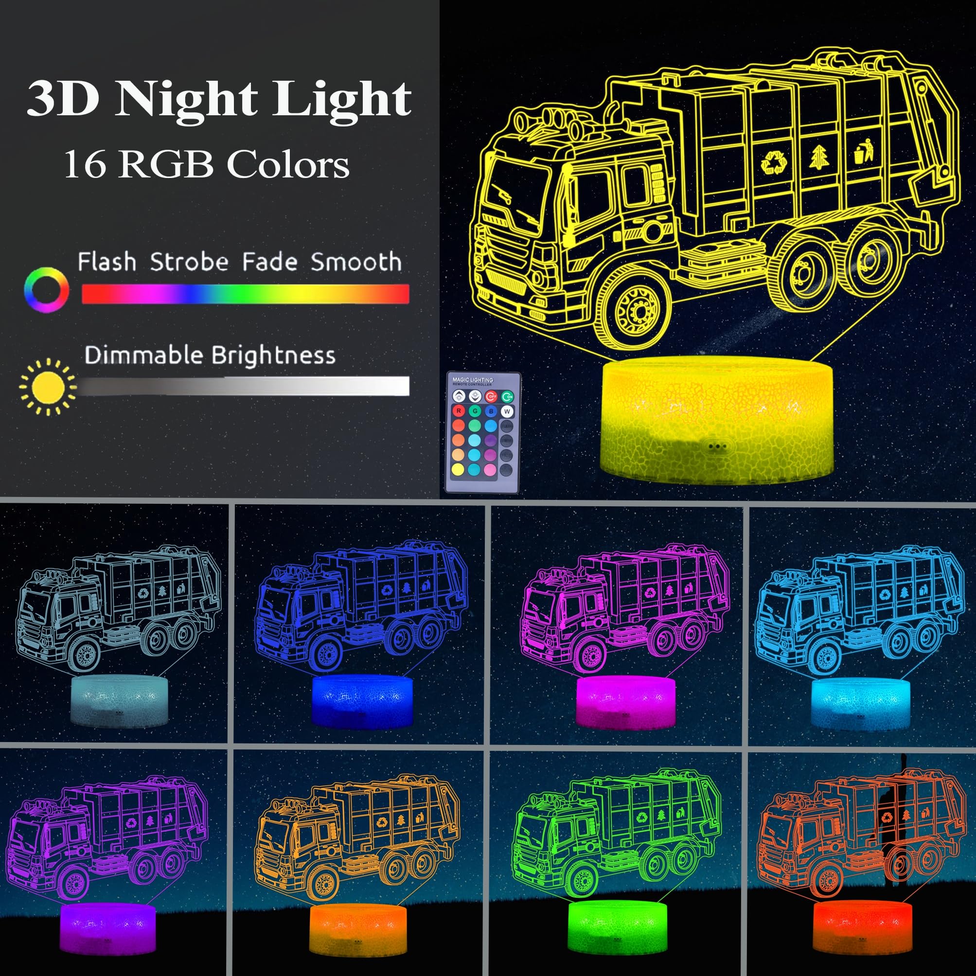 POSSHE 3D Garbage Truck Night Light with Remote Control, 16 Colors, Kids Room Decoration, Model MY-3D LAMP-CRACK