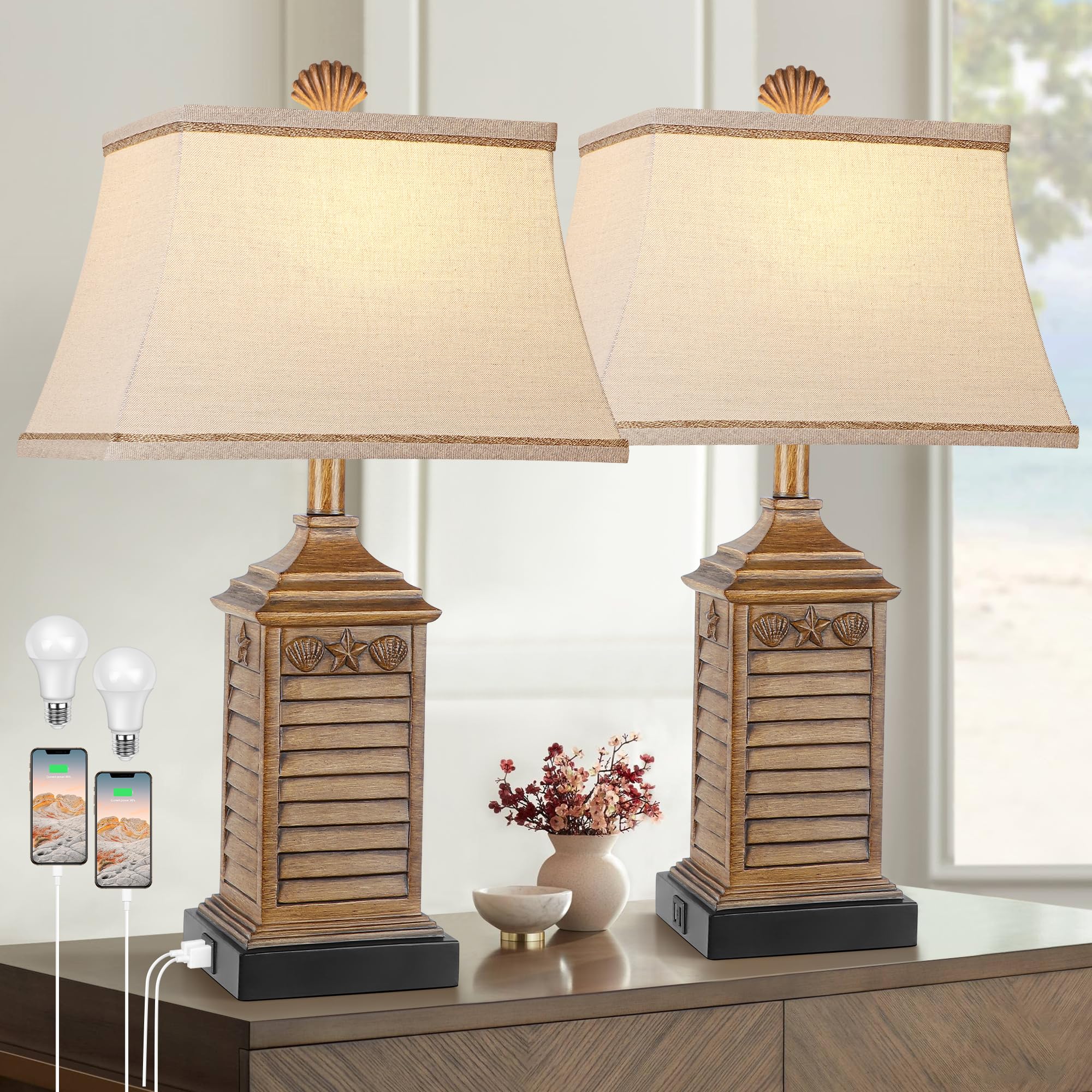 Hamucd Coastal Table Lamps Set Of 2 With Usb Ports & Ac Outlet - Brown Nautical Nightstand Decor