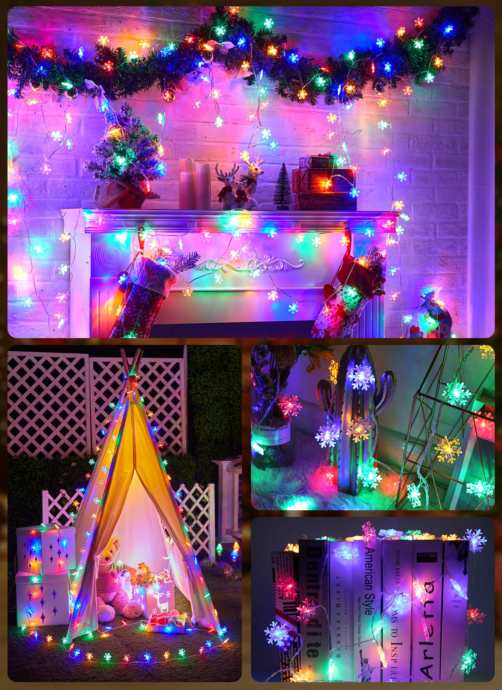 Minetom 4 Pack Holiday Lights, 30 Ft 15 Led Christmas Snowflakes Lights, Waterproof Snowflakes Christmas Lights, Shatterproof Xmas Fairy Lights For Indoor Deco