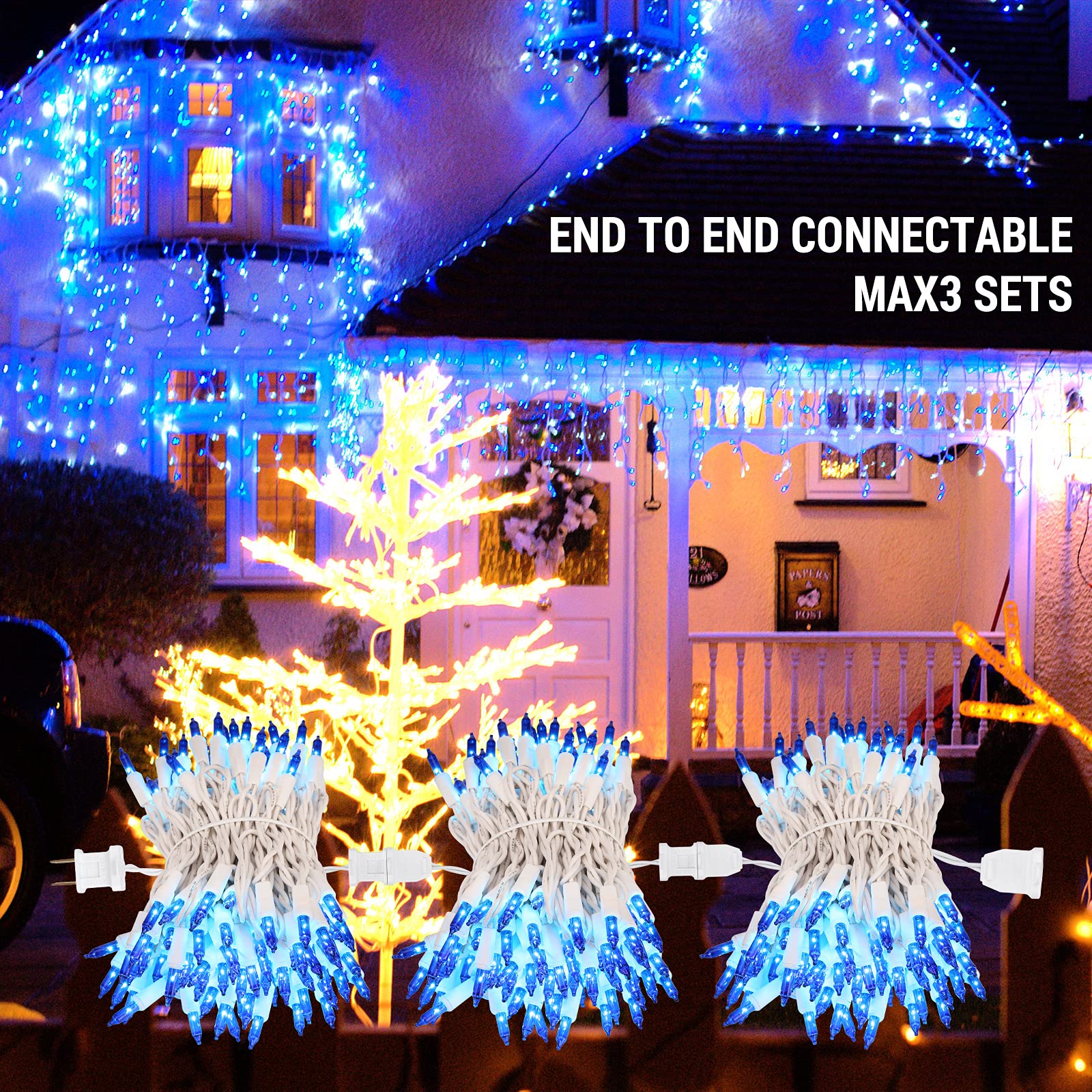 Brizled Blue Icicle Lights, 17.34Ft 300 Count Tradition Christmas Icicle Lights, 120V Ul Certified Icicle String Lights White Wi