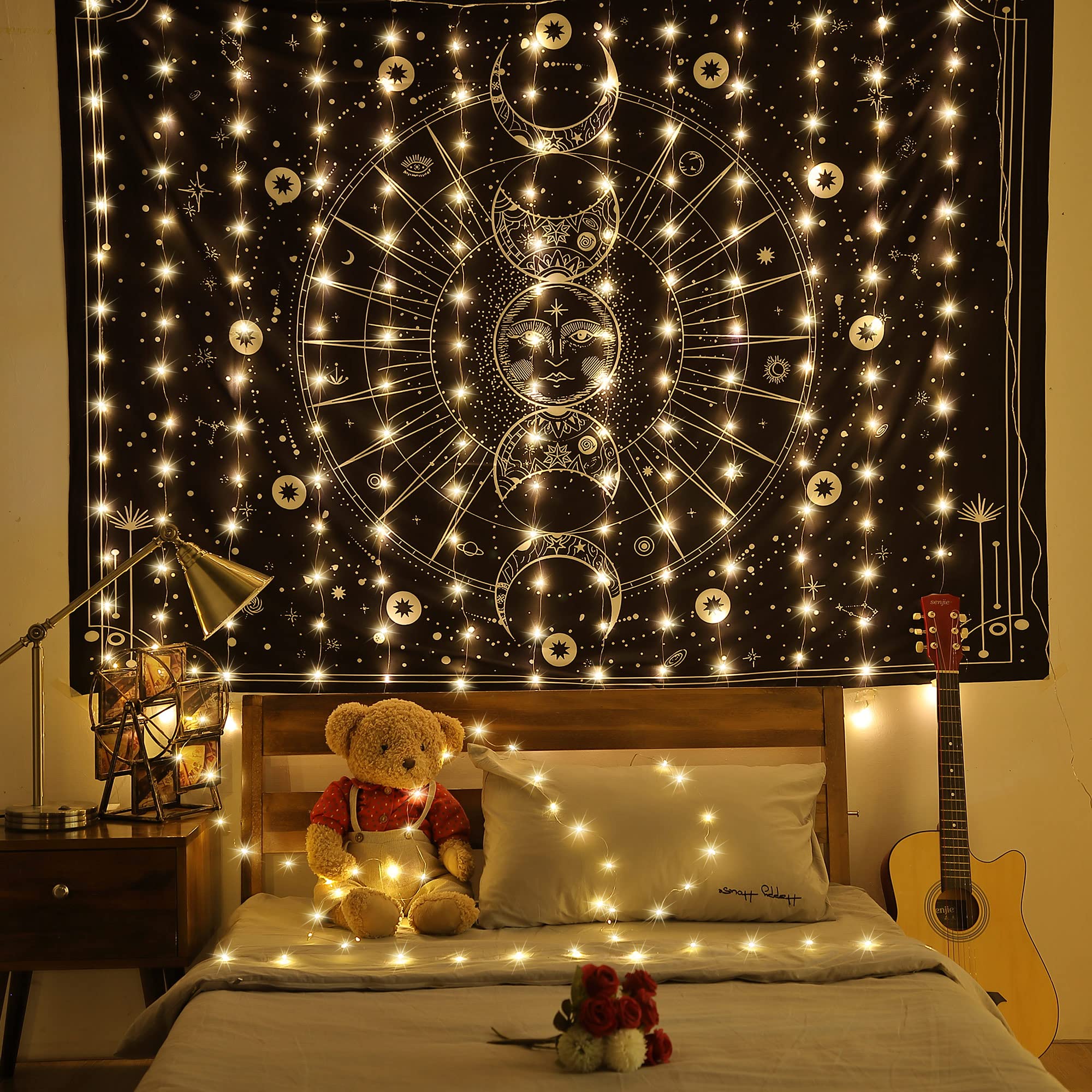 Meonum Curtain Tapestry Backdrop String Lights, Each 13 Strings 6.6 X 5 Ft Tapestry Fairy String Light, 8 Modes Window Wall Hanging Light Strings For Bedroom Christmas Curtain Decor(1 Pack)