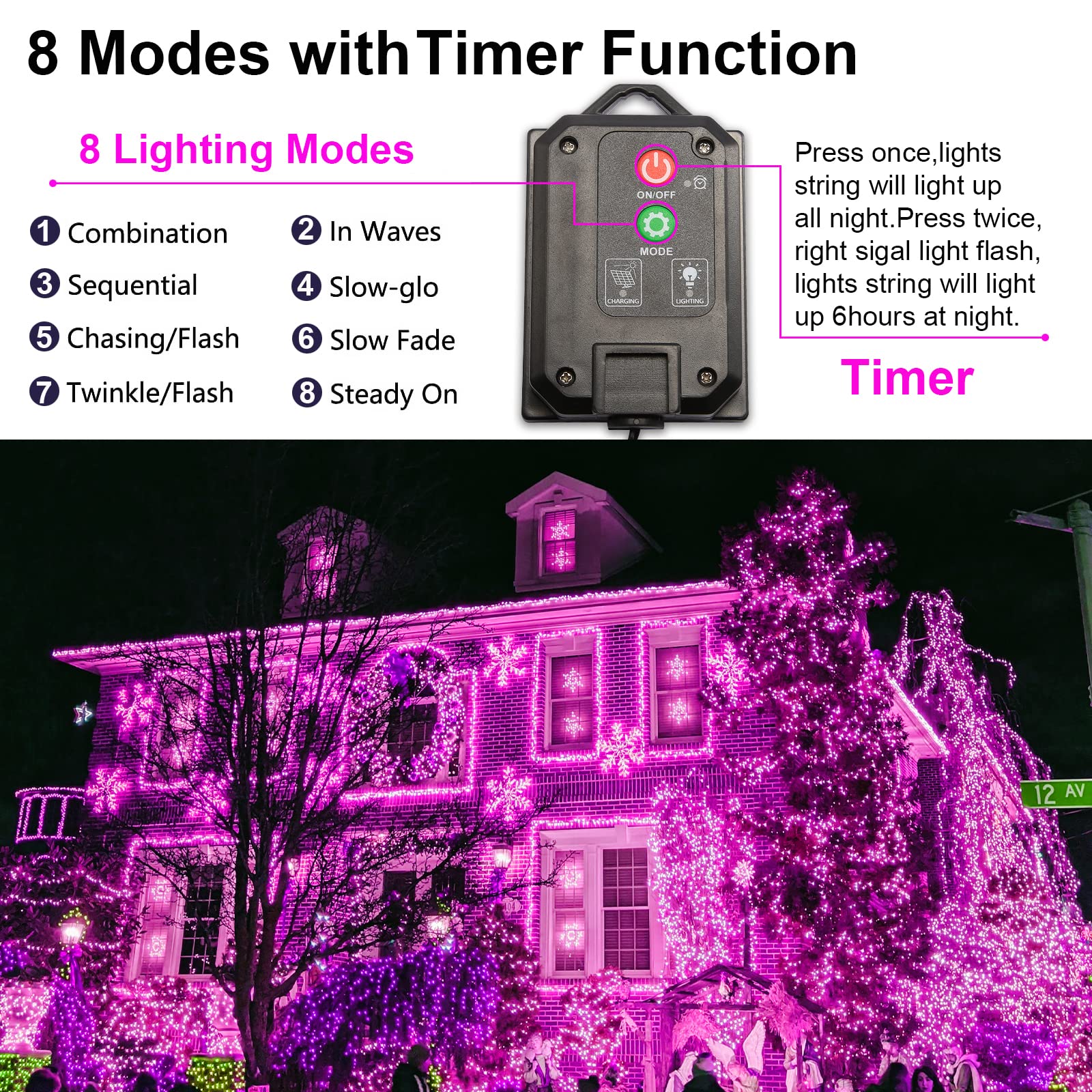 YAOZHOU Solar Pink String Lights 144ft 400LED Fairy Lights, 8 Modes, IP44 Waterproof for Outdoor Garden Wedding Party Decor