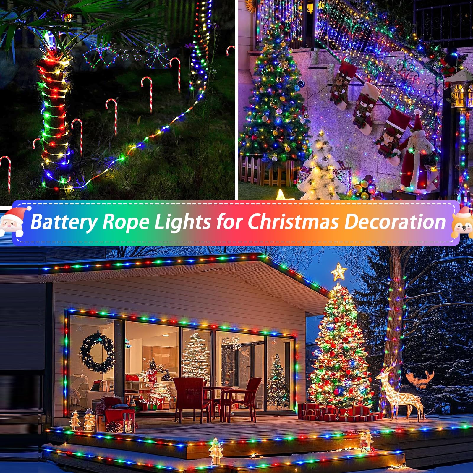 JMEXSUSS 100 LED Battery Rope Lights, 33ft, Waterproof Fairy Lights, Remote Controlled, Multicolor, Model Rope100B