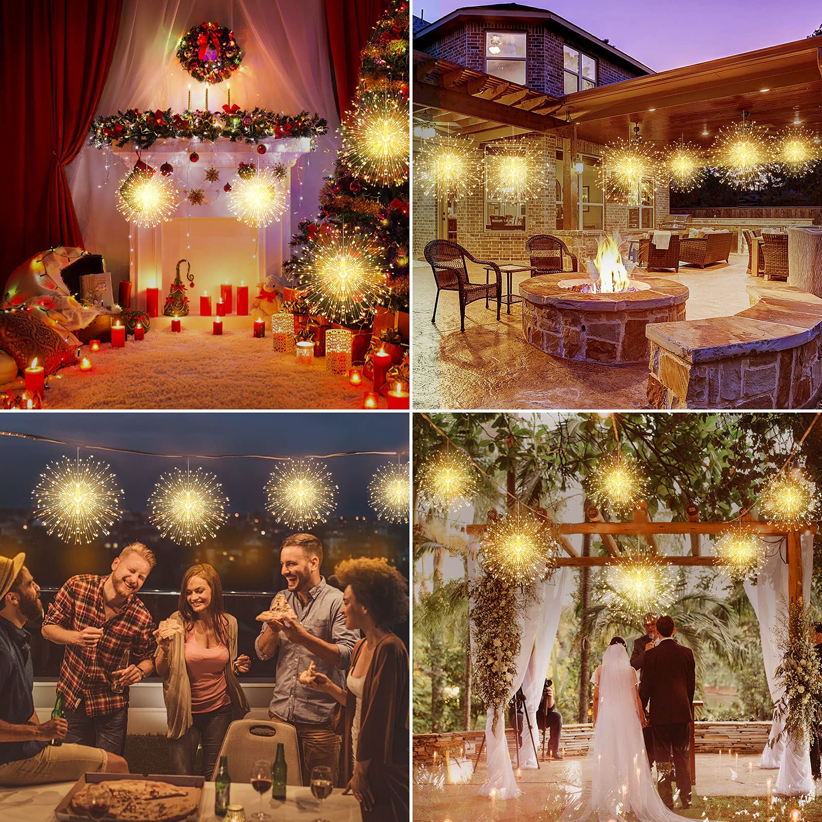 4 Pack String Lights Christmas Lights, 225 Led 8 Modes Dimmable With Remote Control, Waterproof Copper Wire Decorative Hanging Bursting Star Lights For Party Patio Garden Decoration (Warm White)