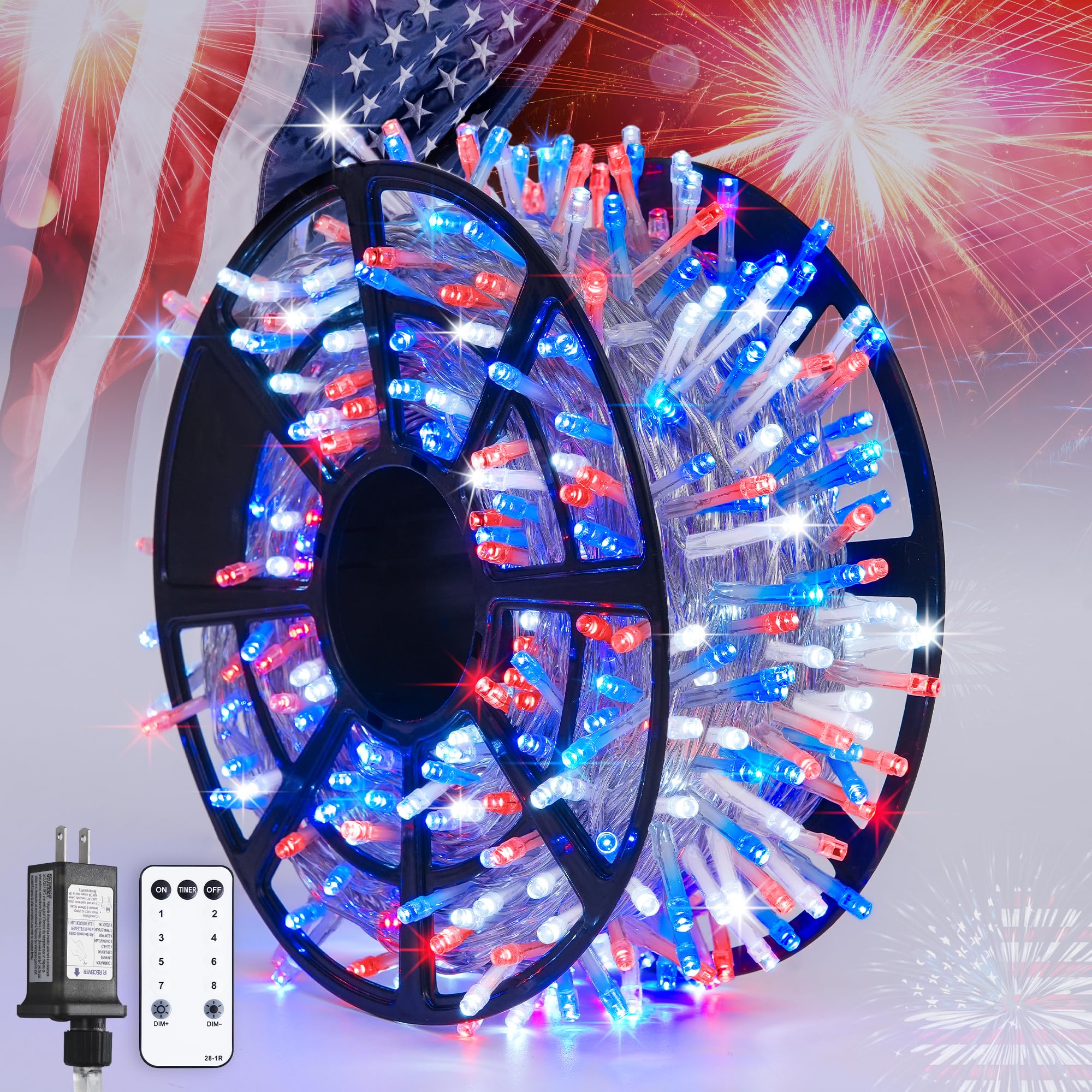 Jmexsuss 168Ft 600 Led 4Th Of July Lights Plug In Patriotic Lights Outdoor Waterproof 8 Modes Red White And Blue Lights For Independence Day American Flag Holiday Party Christmas Tree Decorations