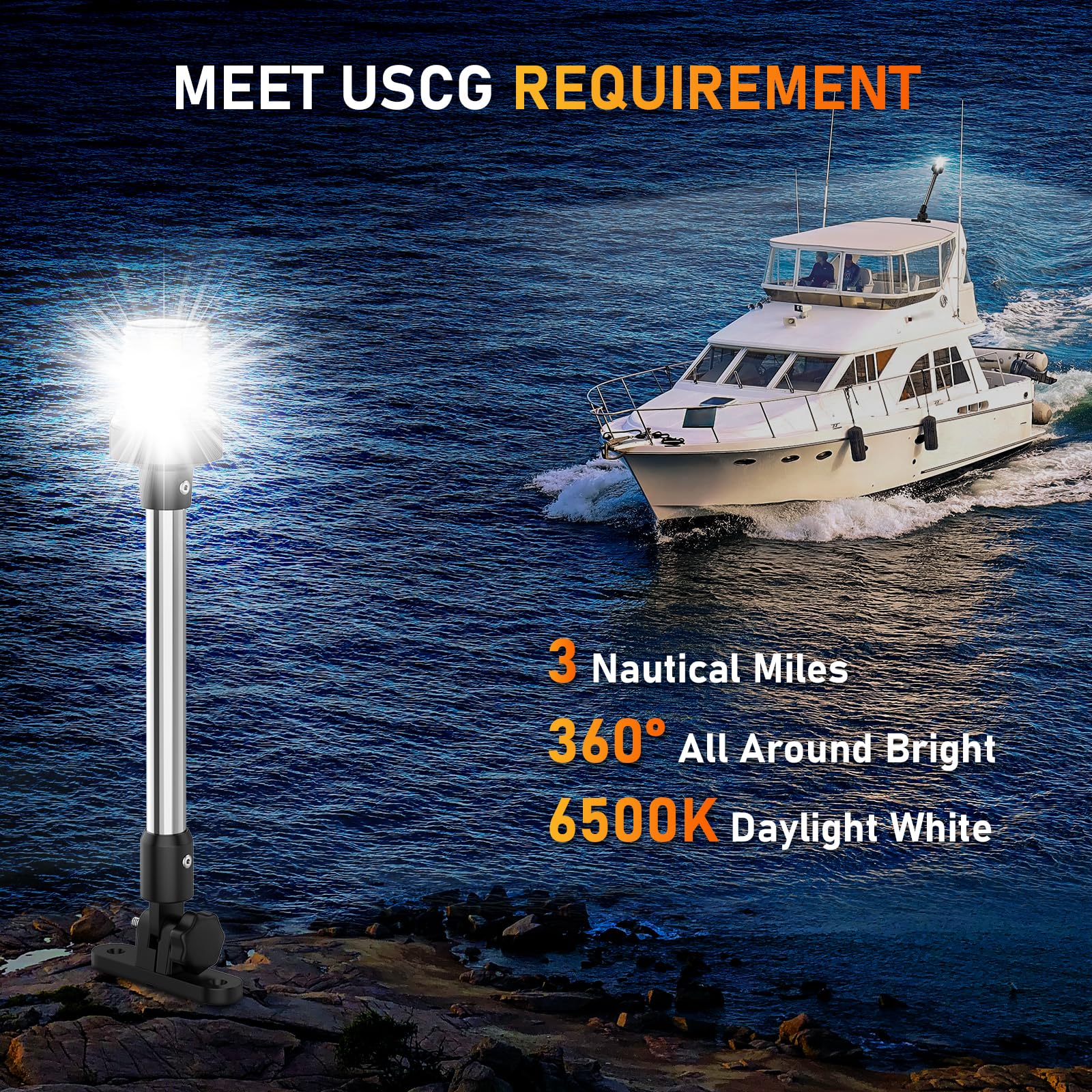 SCYONBARCO 9-Inch Bimini Top Stern Light, Waterproof IP67, 3 NM White Navigation Light for Boats, Model SCAL002, Daylight White
