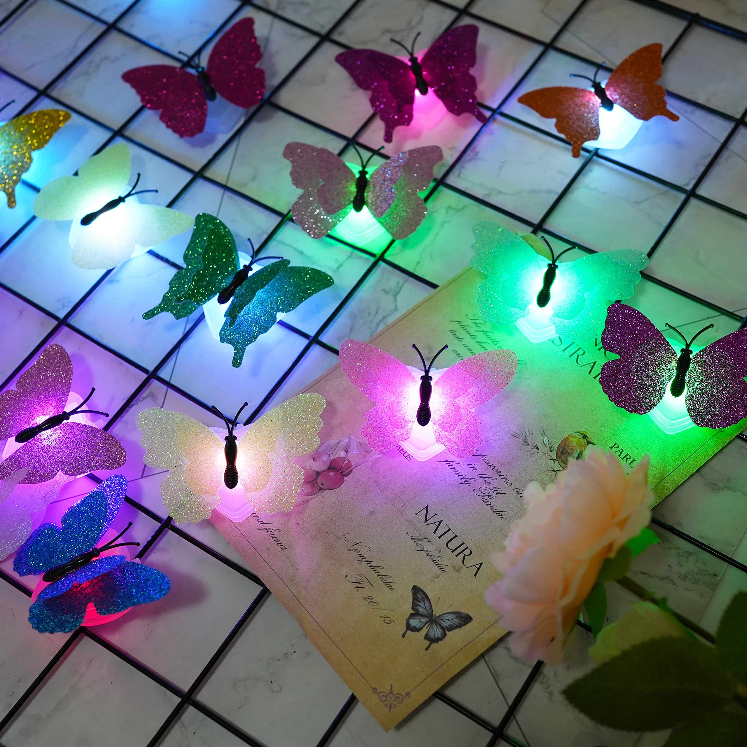 Cynzia 3D LED Butterfly Night Lights, 20Pcs, Multicolor, PVC Decoration for Bedroom, Garden, Party, Model 20P-SD-BNL-001