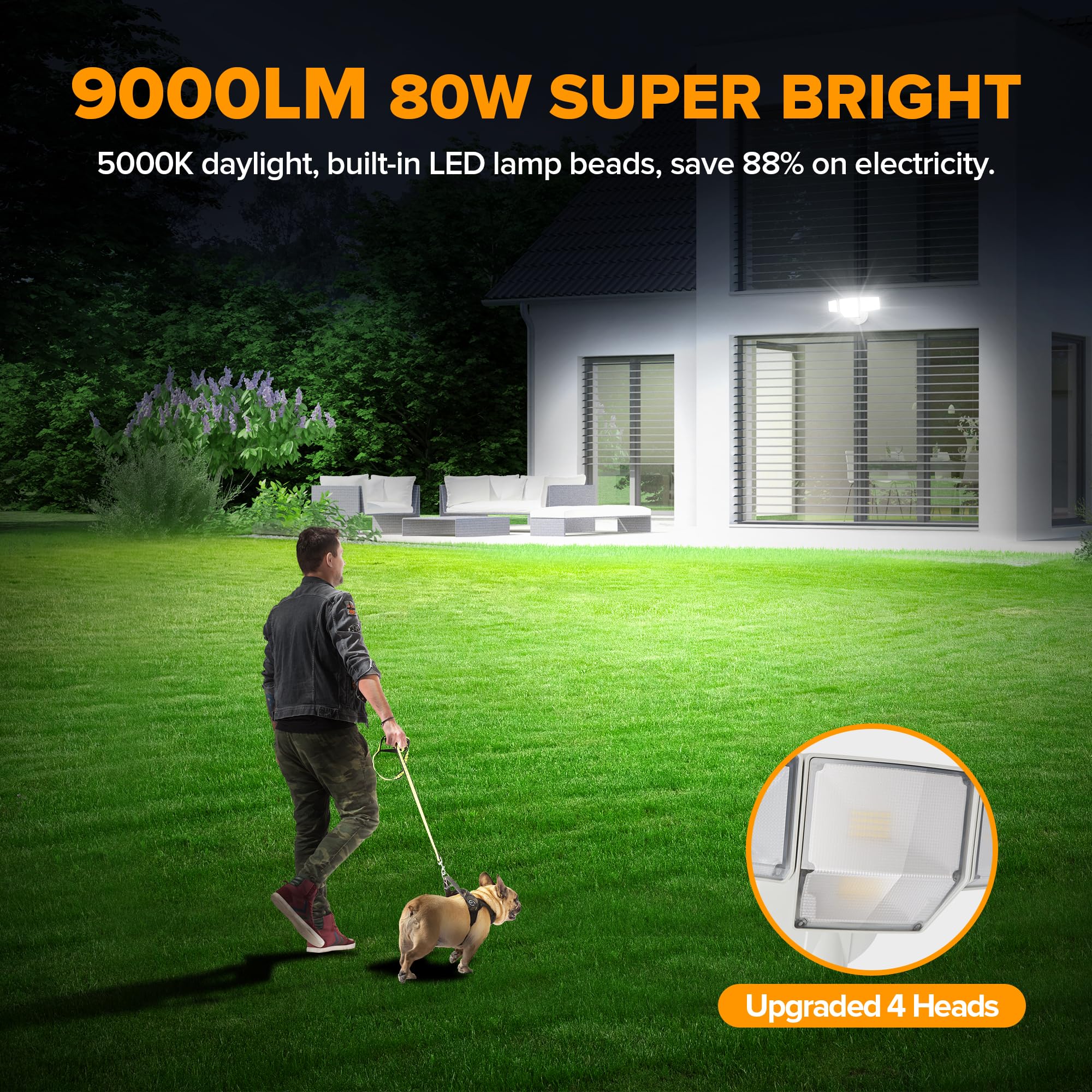 LUTEC 80W LED Flood Lights, 9000LM, 4 Heads, IP65 Waterproof, 5000K Daylight, Outdoor Security Lighting, White