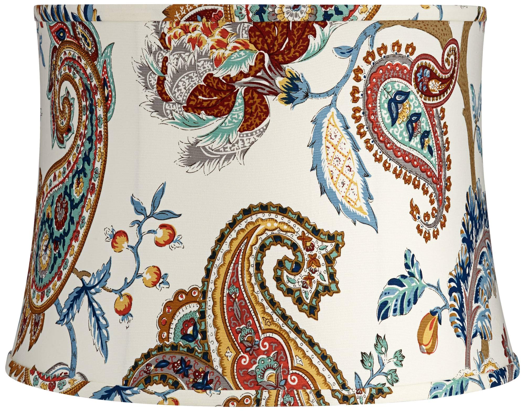 White With Paisley Print Medium Drum Lamp Shade 14&quot; Top X 16&quot; Bottom X 11.5&quot; High (Spider) Replacement With Harp And Finial - Springcrest