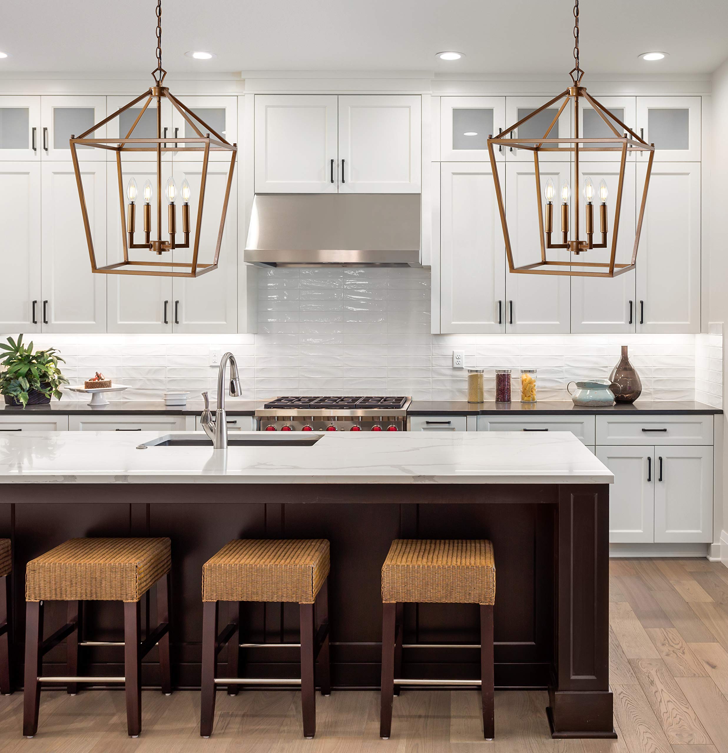 JONATHAN Y 16 Antique Gold Dimmable Metal LED Pendant - Classic Farmhouse Lantern for Dining Room, Living Room, Kitchen, Foyer, Bedroom