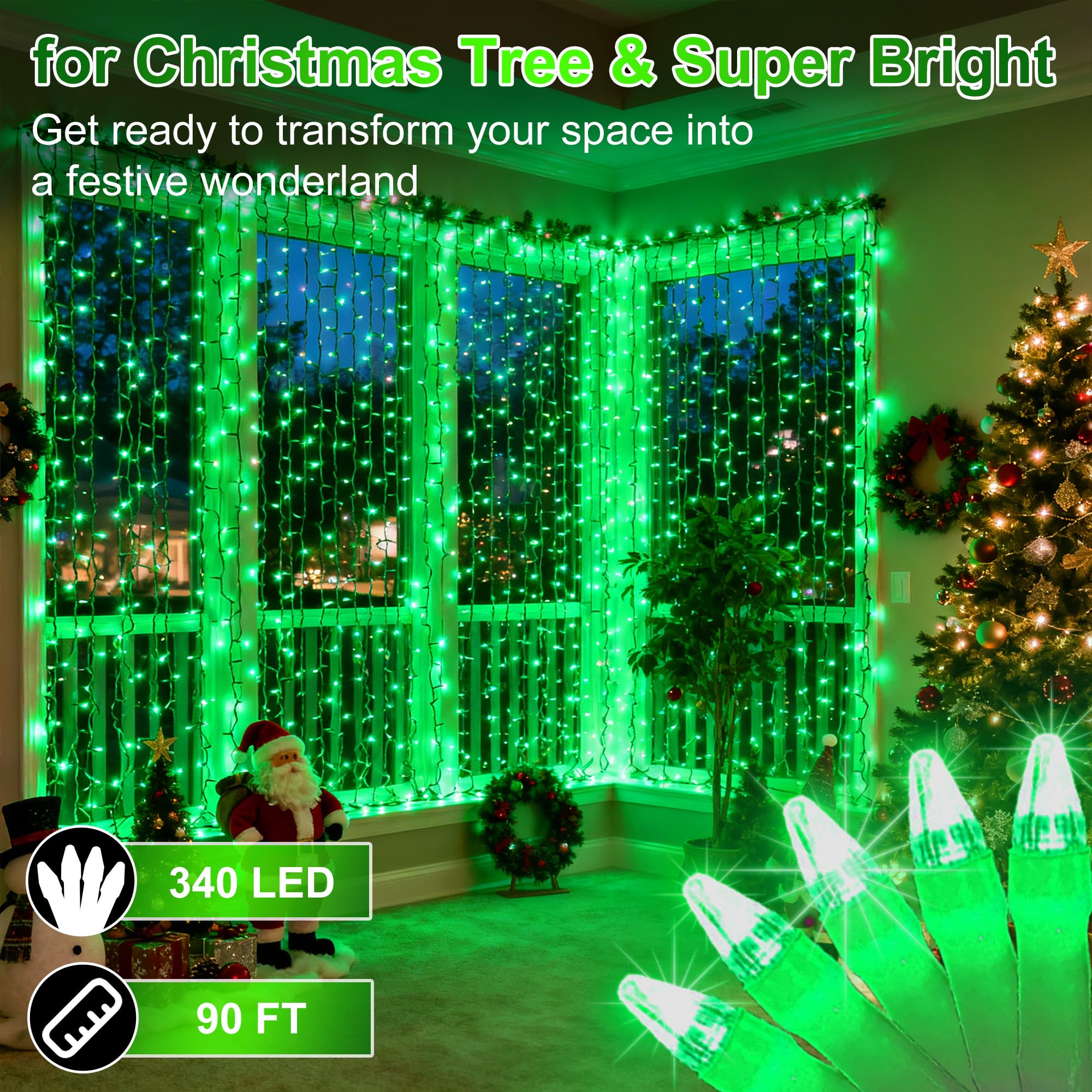 340 Led 90Ft Christmas String Lights Outdoor  12 Pro Modes And Timer Memory & Brightness  Plug In Outdoor Waterproof Clear Wire Twinkle Light For For Xmas Yard Tree Wedding Party Decor (Green)