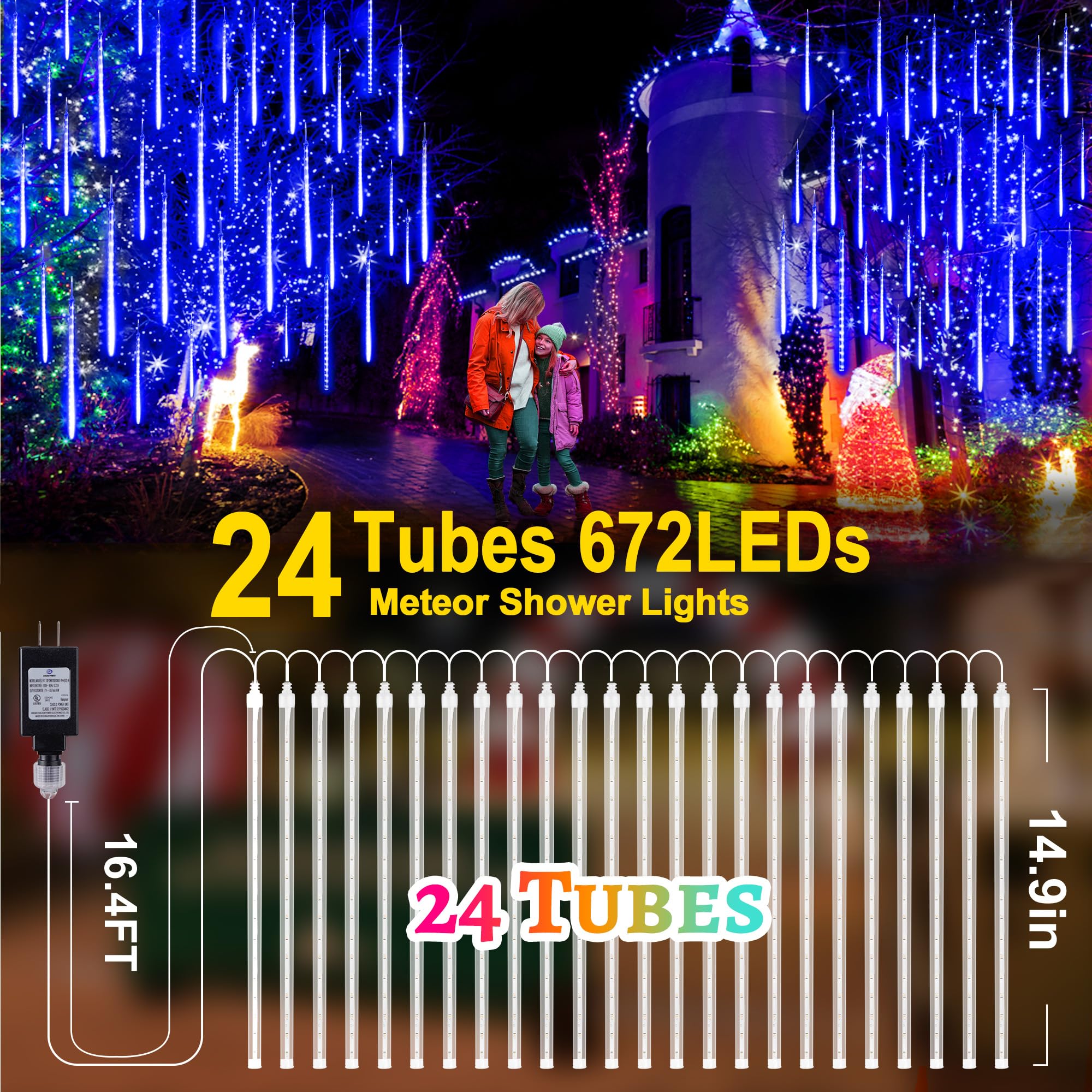 Knonew Meteor Shower Lights 15 Inch 24 Tubes 672 Led Christmas String Lights Plug In Outdoor Waterproof Falling Rain Lights For