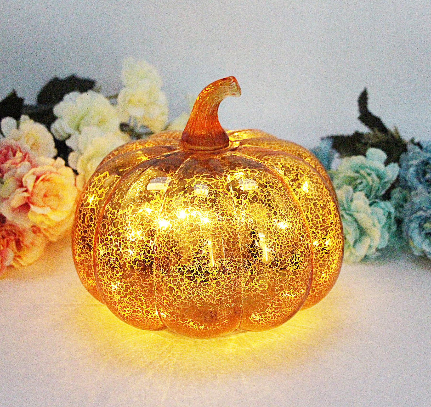 Cfdecor Mercury Glass Pumpkin Light With Timer, Battery Operated Led, 10 Fairy Lights, Gold2, Model Mge, Ideal For Halloween & Thanksgiving Decor