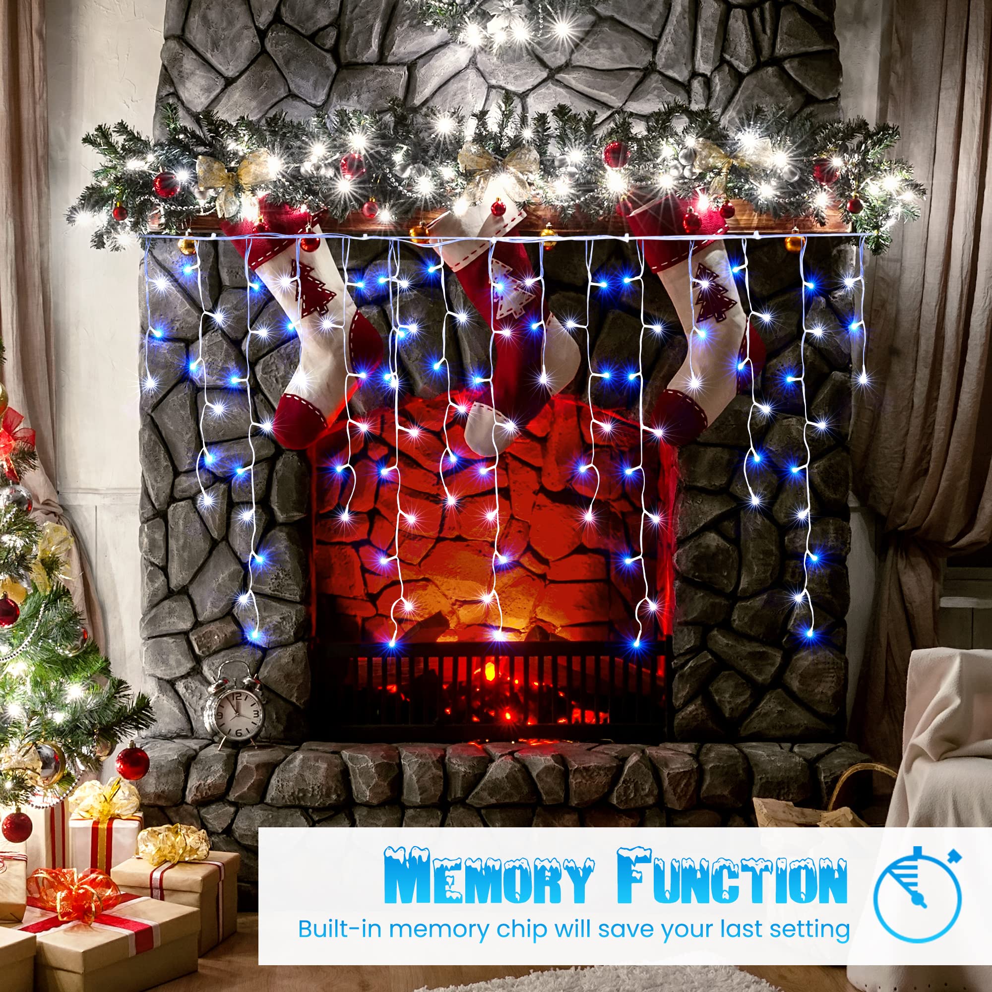 Toodour White & Blue Christmas Icicle Lights, 29.5Ft 360 Led Icicle Lights, 8 Modes, 60 Drops, Window Curtain Led Christmas Lights, Icicle Twinkle Lights For Eaves, Party, Wedding, Christmas Decors