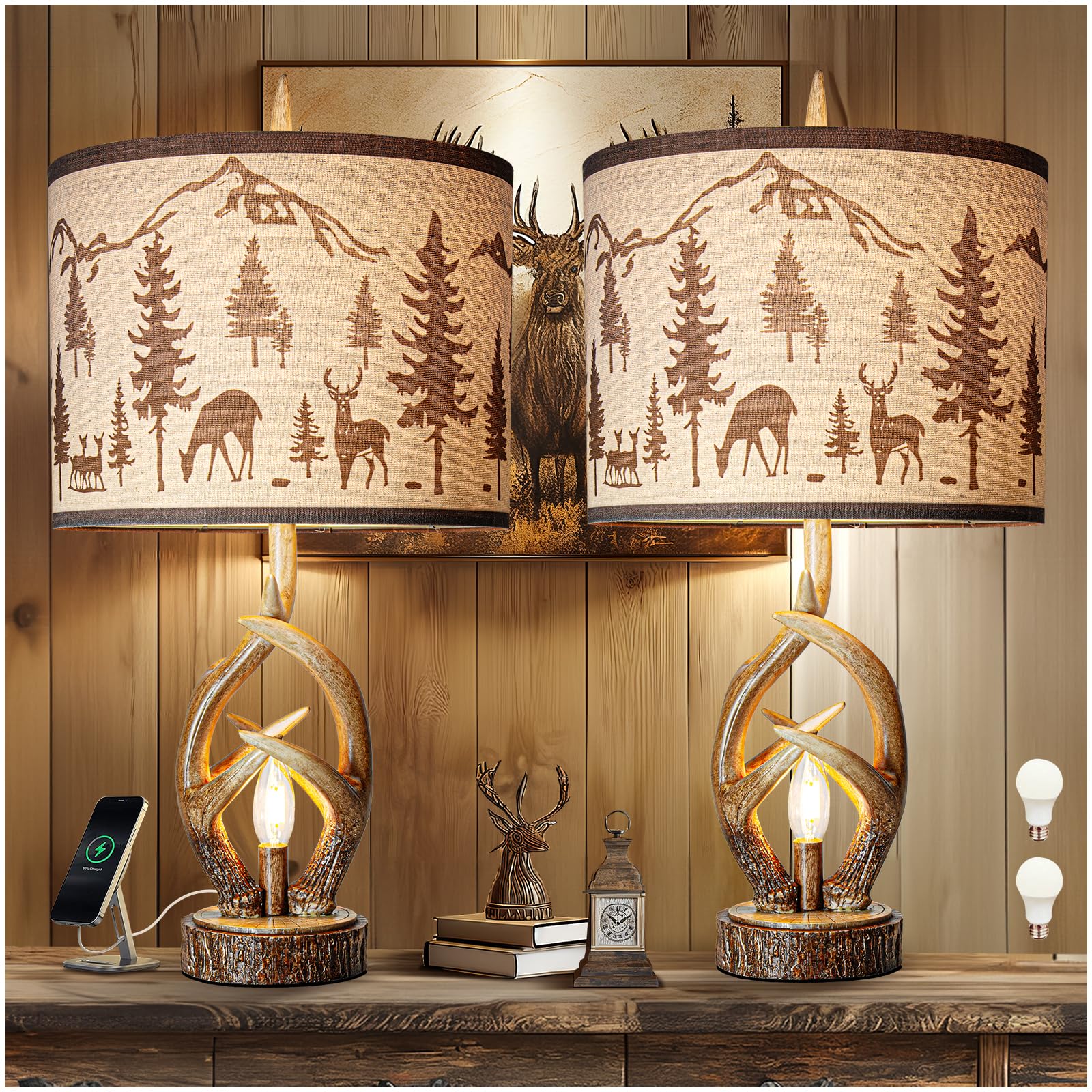 Scenekoy Antlers Style Table Lamp Set Of 2 Rustic Bedside Lamp With Night Light Linen Fabric Shade Farmhouse Nightstand Lamps Decor For Living Room Bedroom House Home Office (Bulb Included)