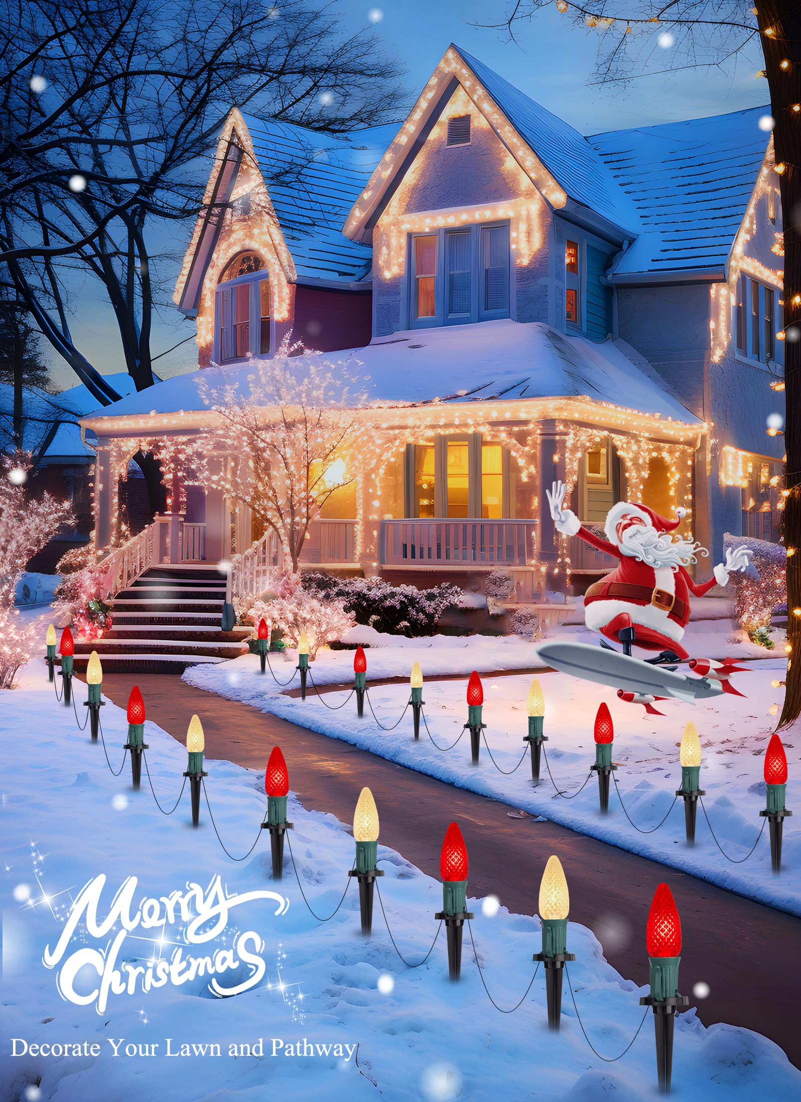 C9 Led Christmas String Lights Outdoor, 26 Feet 20 Led Christmas Pathway Lights With 20 Plastic Stakes, Connectable Waterproof F