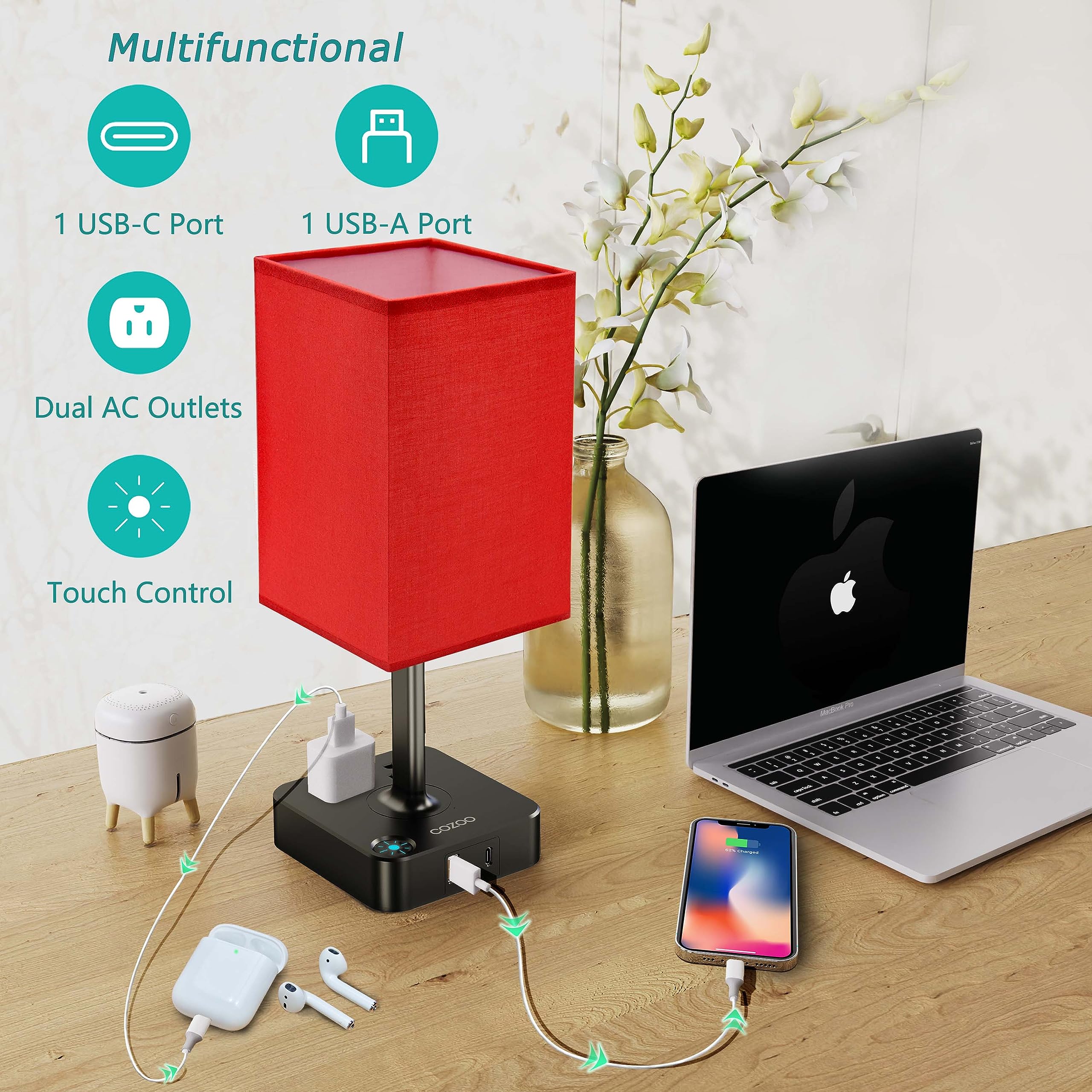Cozoo Usb Bedside Table Desk Lamp With 2 Usb Charging Ports And 2 Outlets Power Strip,Dimmable Table Lamp With Red Fabric Shade,