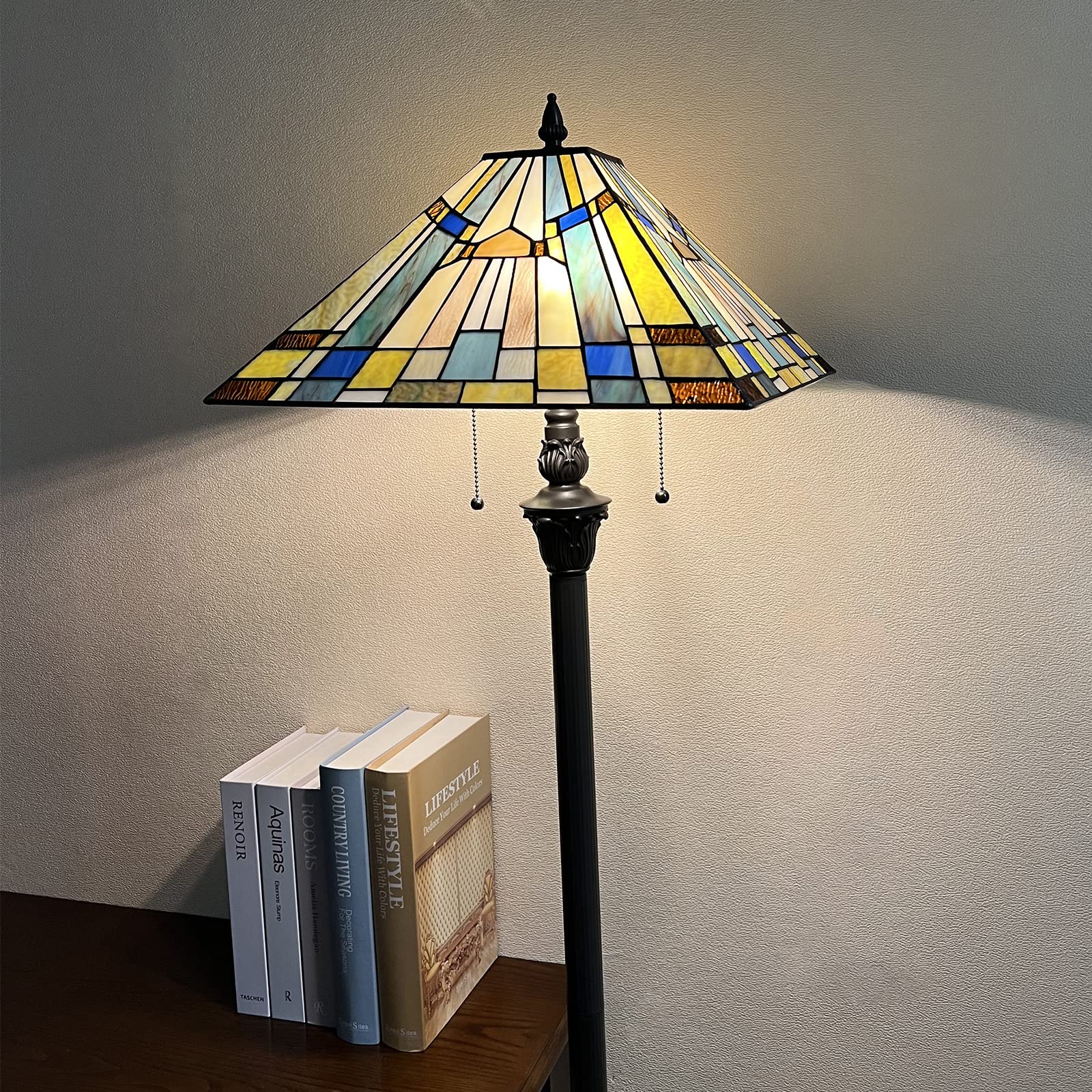 Capulina Tiffany Floor Lamp 2-Light 16X16X63 Inches Green Blue Antique Style Stained Glass Standing Reading Floor Lamp For Livin