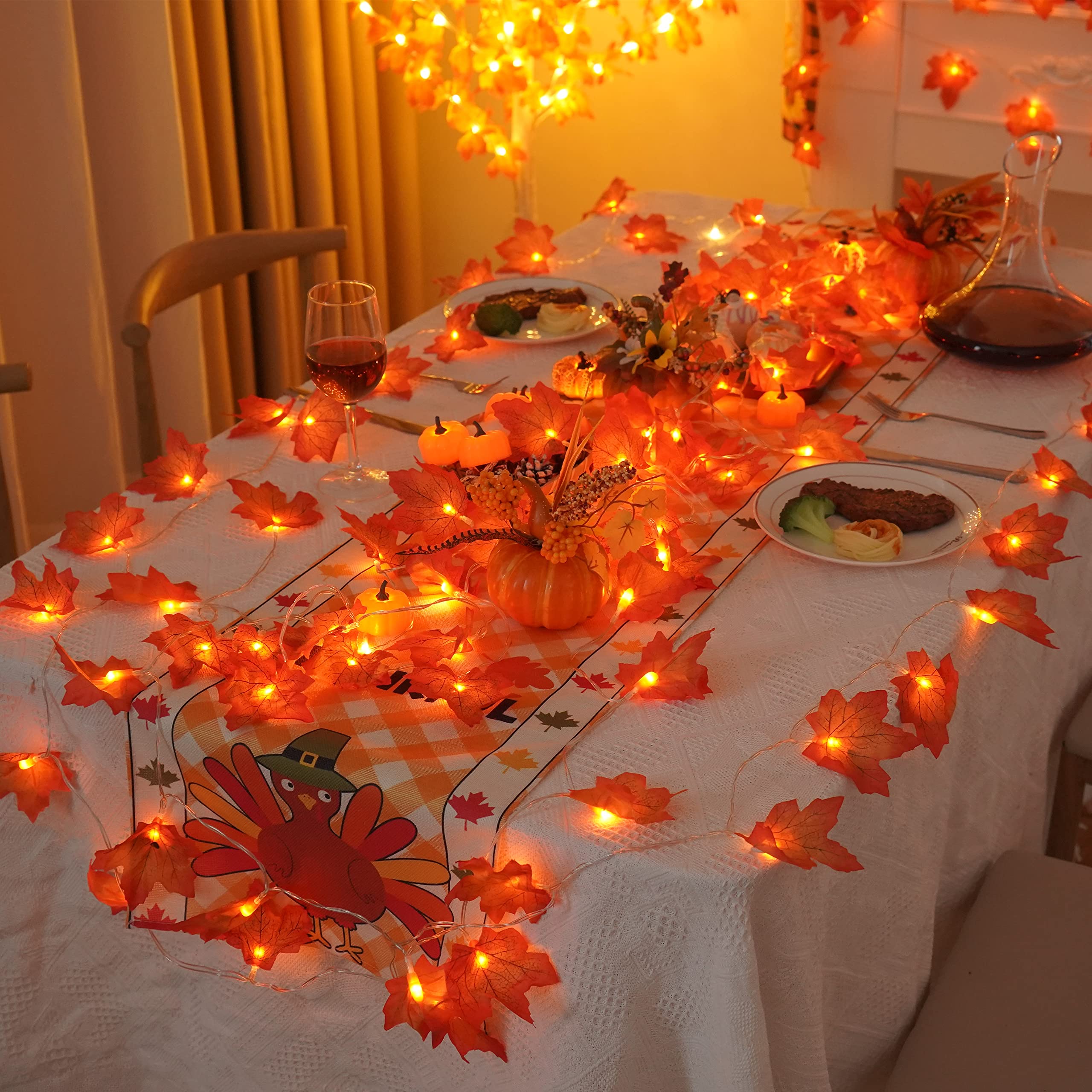 Yeguo 4 Pack Thanksgiving Decorations - 40Ft 80 Led Battery Operated Fall Garland, Orange