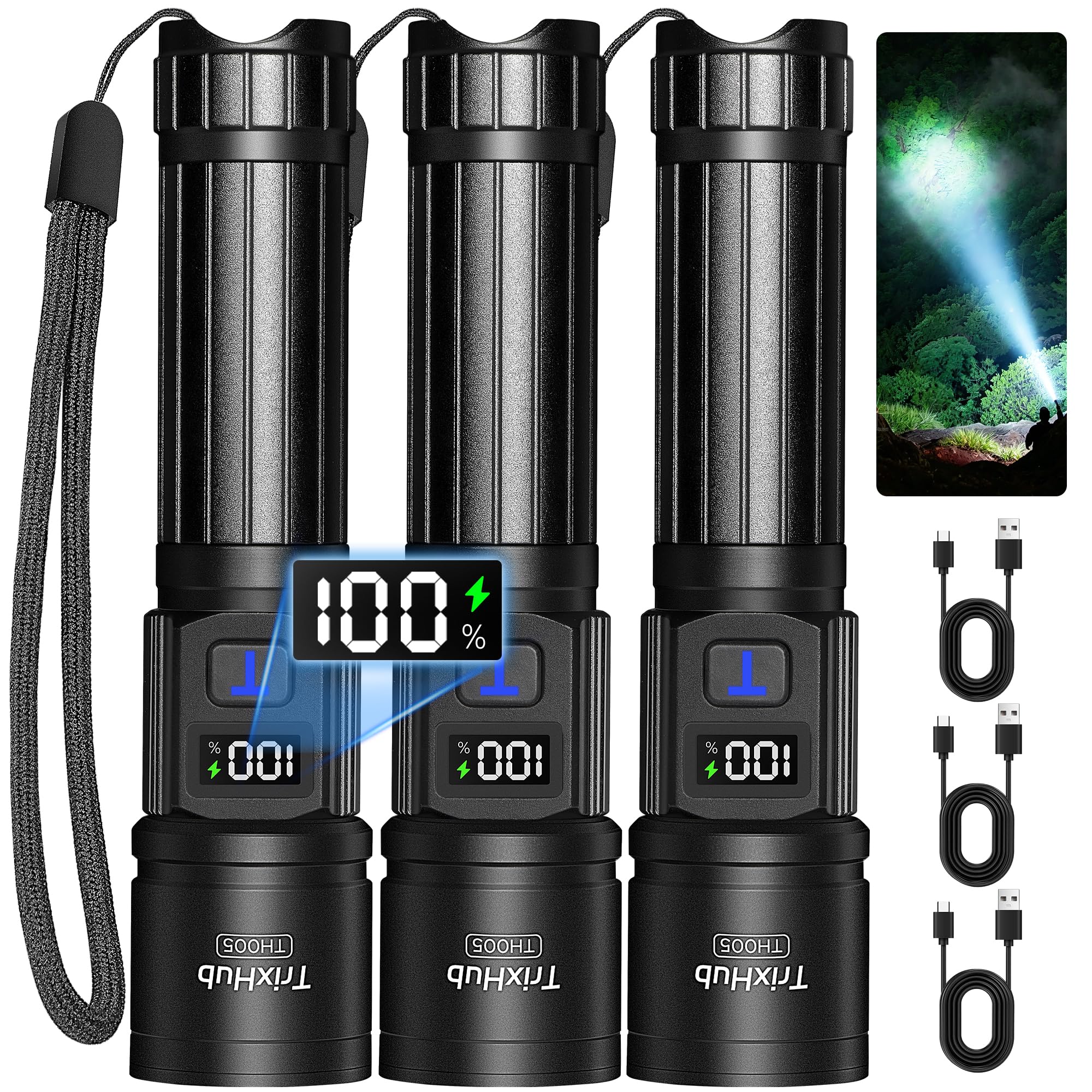 TrixHub Rechargeable Flashlights 3 Pack  Super Bright High Lumens Flash Light  5 Modes Zoomable Linternas with LCD Digital Display  Powerful Handheld LED Flashlights for Home Emergencies Camping
