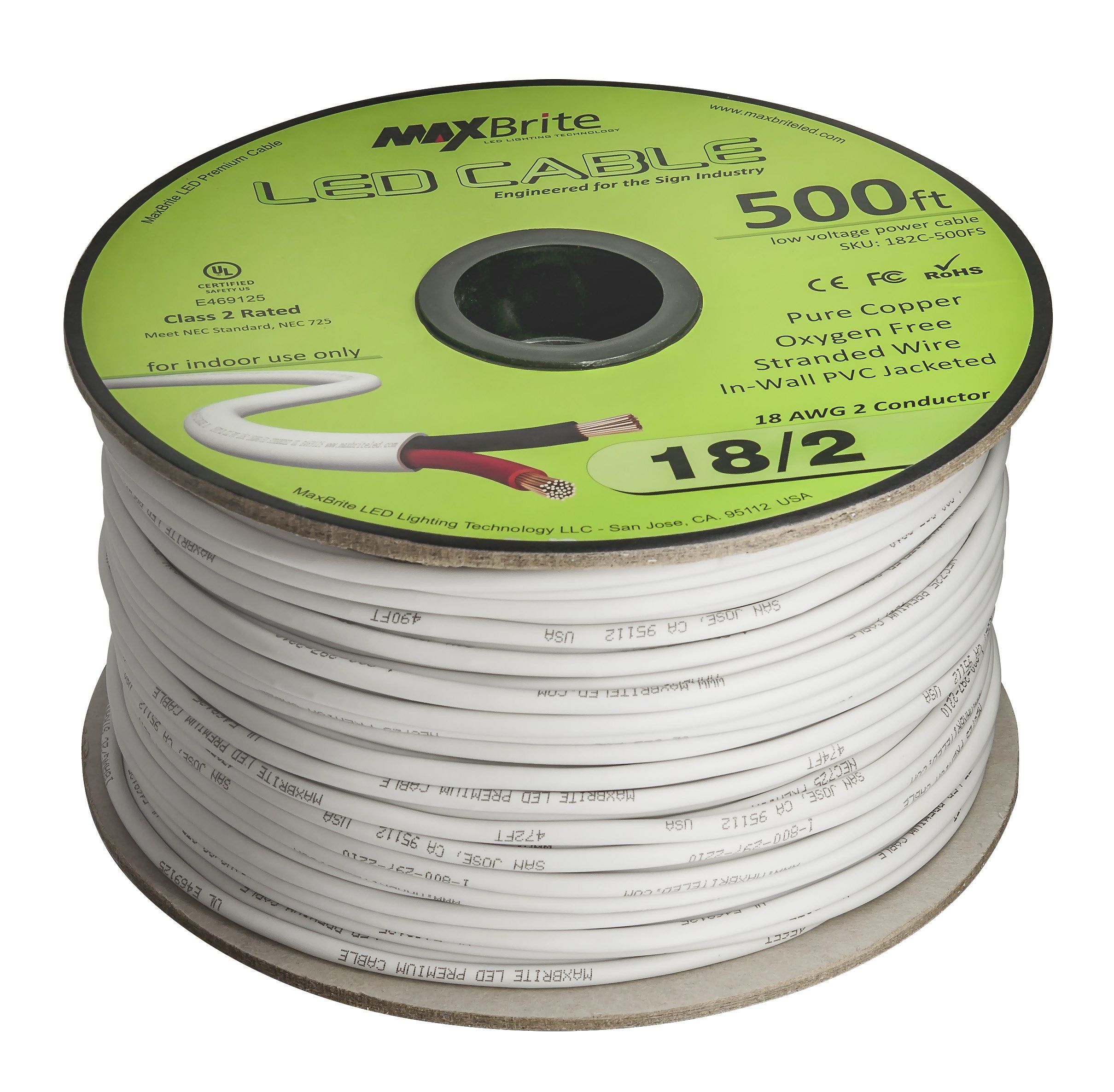 MaxBrite 18AWG Low Voltage LED Cable - 500 ft In-Wall Speaker Wire, UL Listed, White Sleeve, Model 182C-500FS