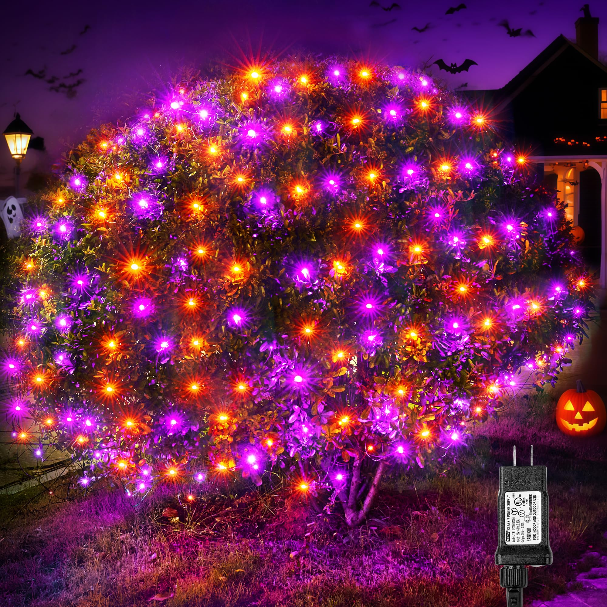 BlcTec Halloween Lights Outdoor 360 LED 9.8ft x 6.6in Orange Purple Waterproof Mesh Lights with Timer, Connectable, Green Wire