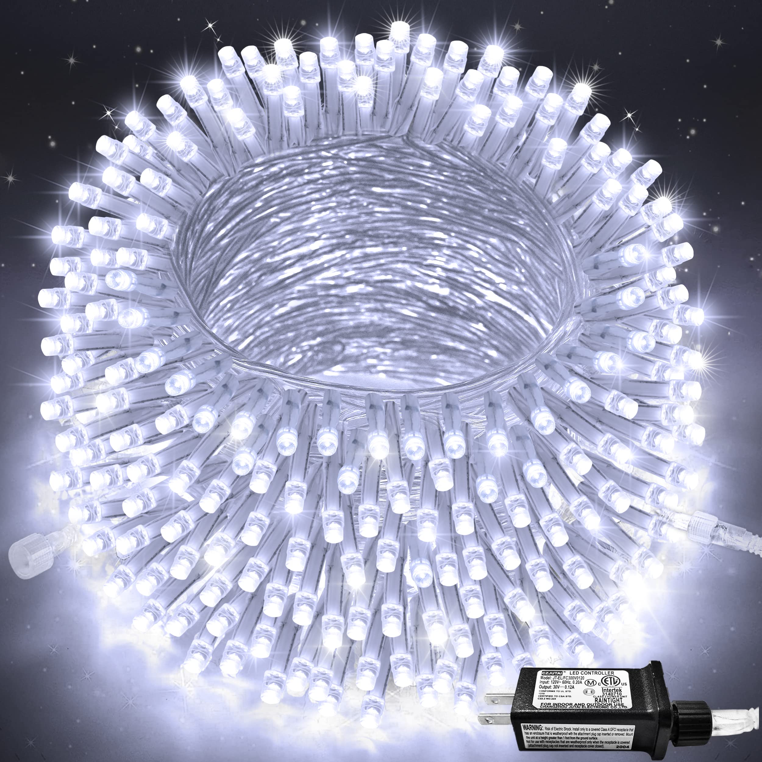 JMEXSUSS LED Christmas String Lights, 250 Count, 91.5ft, Clear Wire, 8 Modes, Indoor Outdoor, White, Model EXS-S-0250