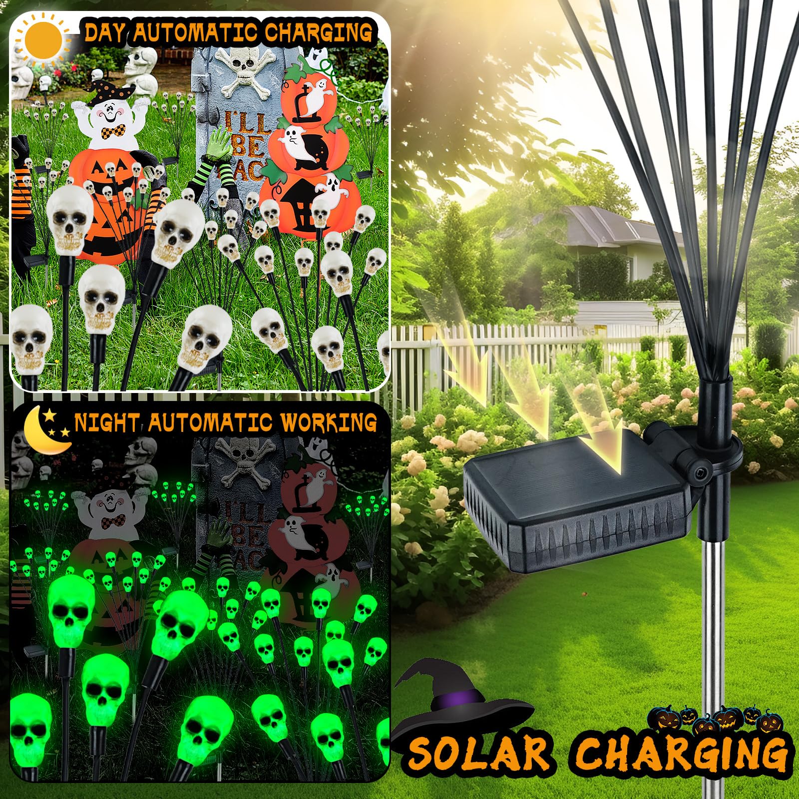2Packs Halloween Decorations Outdoor Scary Solar Skull Lights,16Led Green Skull Swaying Firefly Lights,Waterproof Solar Halloween Path Lights For Yard/Garden/Lawn/Party Decor (Skull)