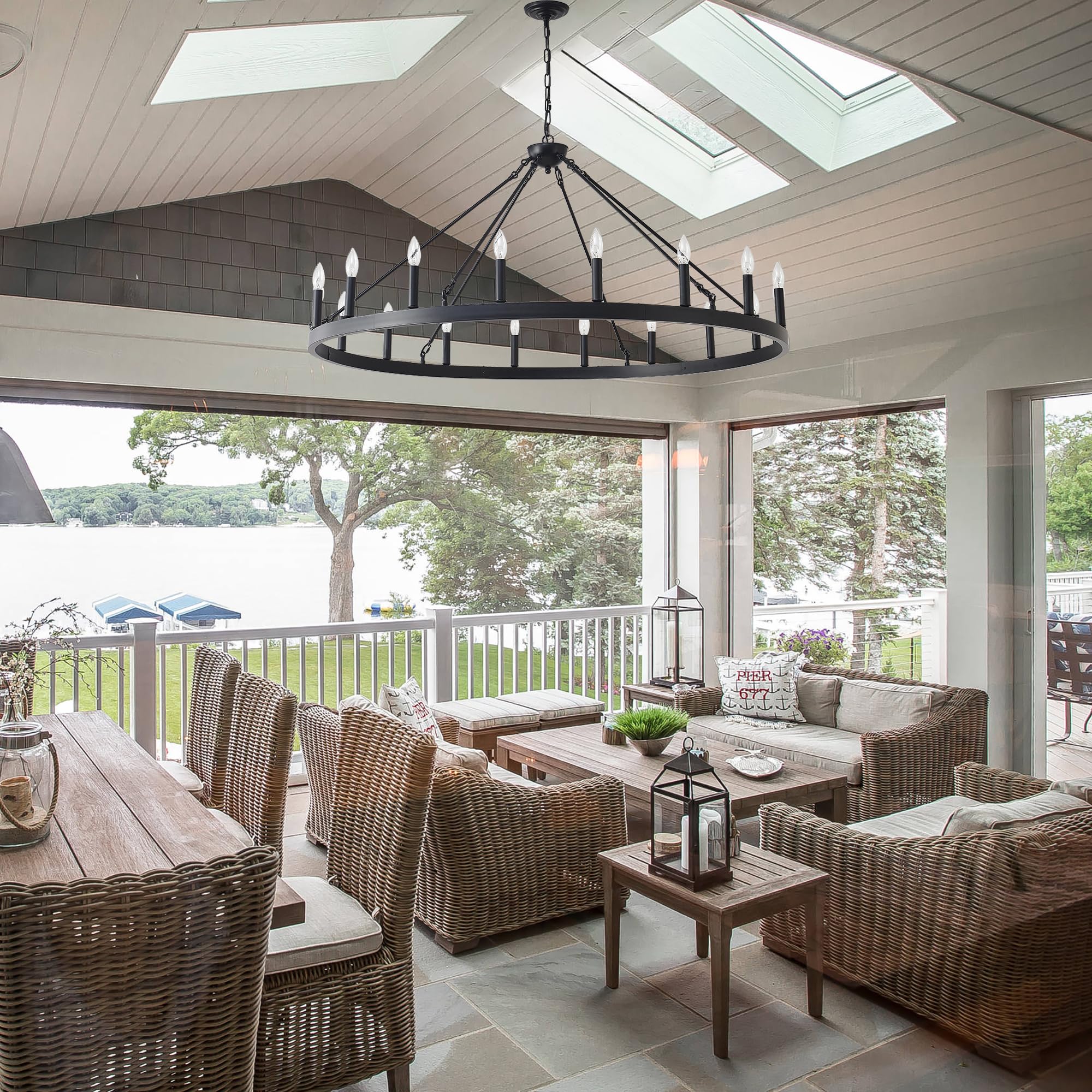 Zbmyrbzj 53&quot; Black Wagon Wheel Chandelier, 18-Light Industrial Ceiling Light For High Ceilings