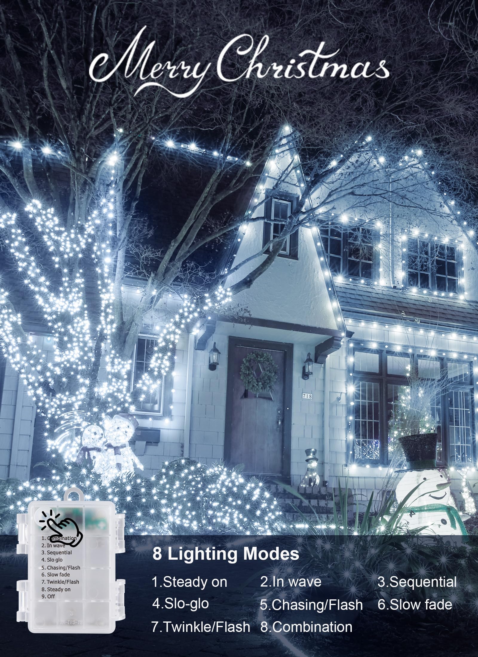 Minetom Battery Operated String Lights, 50 LED, 17 FT, Waterproof, 8 Modes, Pure White, Model 3AA-LUO