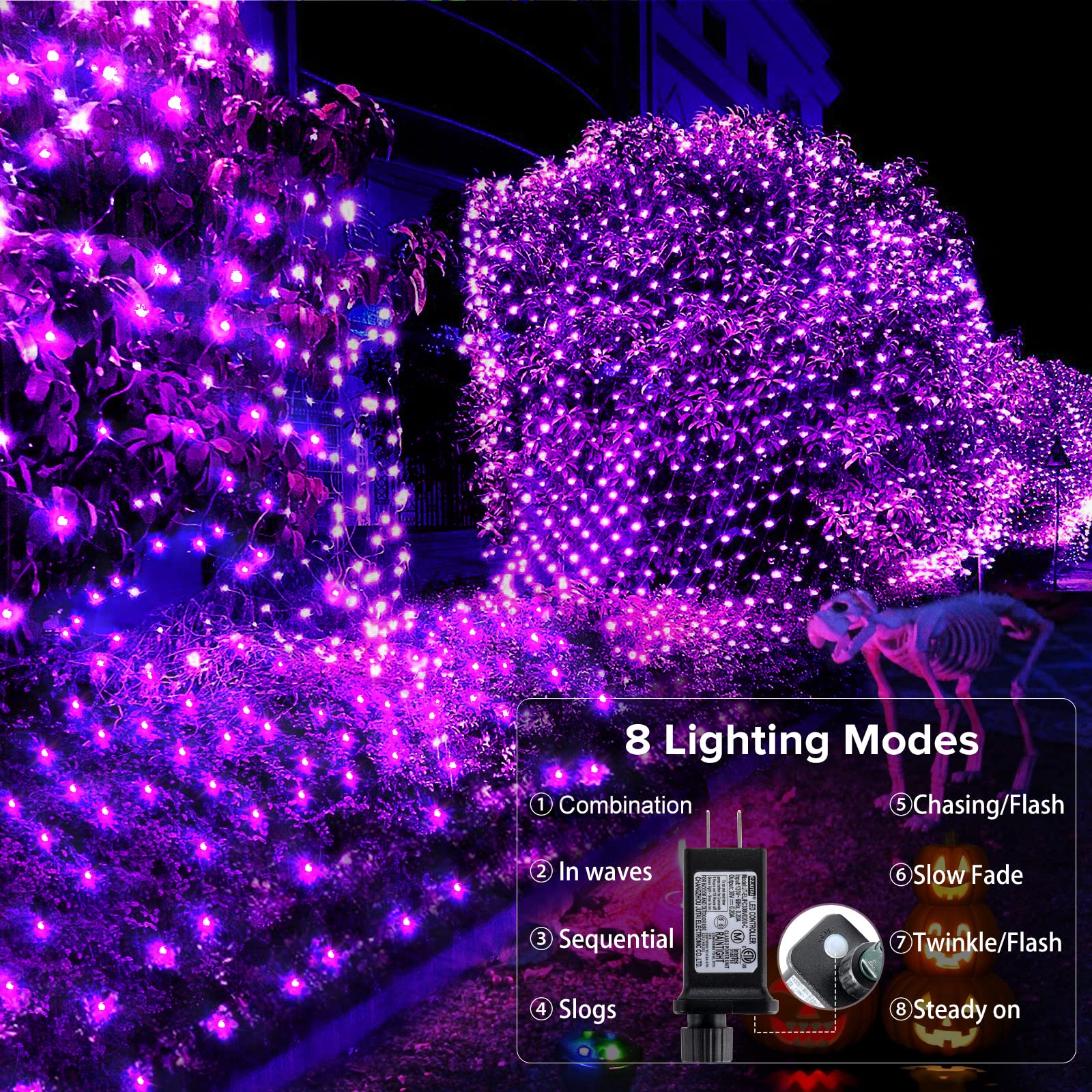 BlcTec Halloween Lights Outdoor 360 LED 9.8ft x 6.6ft Waterproof Purple with 8 Modes & Timer, Dark Green Wire Design