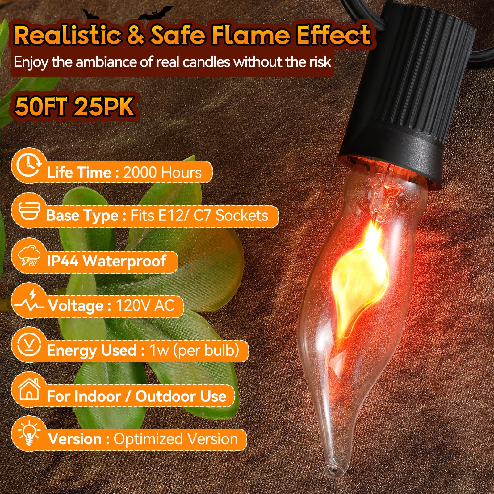 Hobbynors 50Ft Extra-Long Fall & Halloween String Lights 25 C18 Flicker Flame Bulbs For Outdoor Decor Waterproof & Connectable For Christmas  Thanksgiving & Festive Party Ambiance