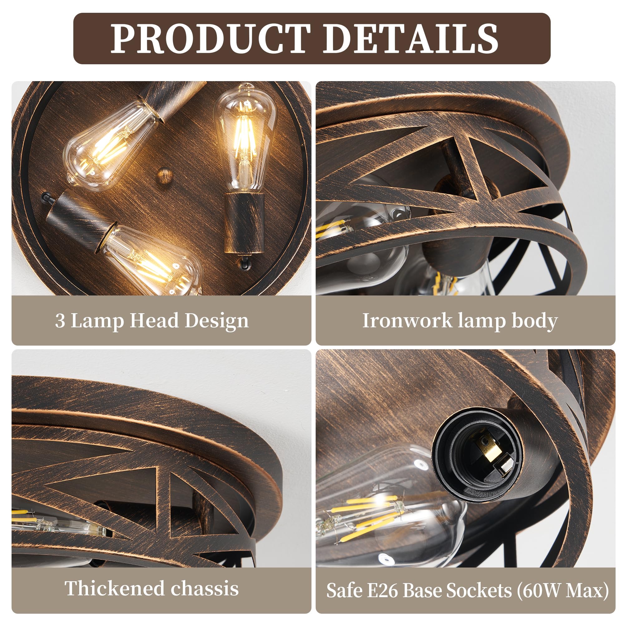 Piano7797 13 Inch Flush Mount Ceiling Light Fixtures,3-Light Modern Hallway Light Fixtures Ceiling, Black Gold Lights Fixture Ce