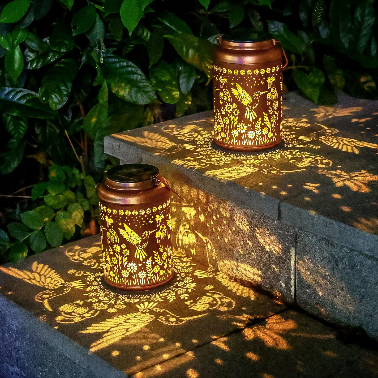 2 Pack Hummingbird Solar Lanterns Outdoor Waterproof Hanging Solar Lights Metal Decorative LED Lanterns Outside Decor for Garden