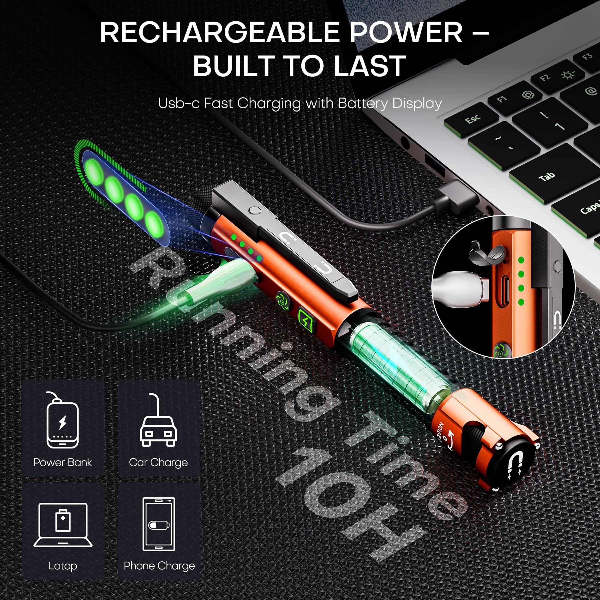 PASIION EDC Flashlight 800 Lumen, Rechargeable LED, Large Aluminum, Orange, Model LB3, 11 Modes, Magnetic Clip & Base, Glass Breaker