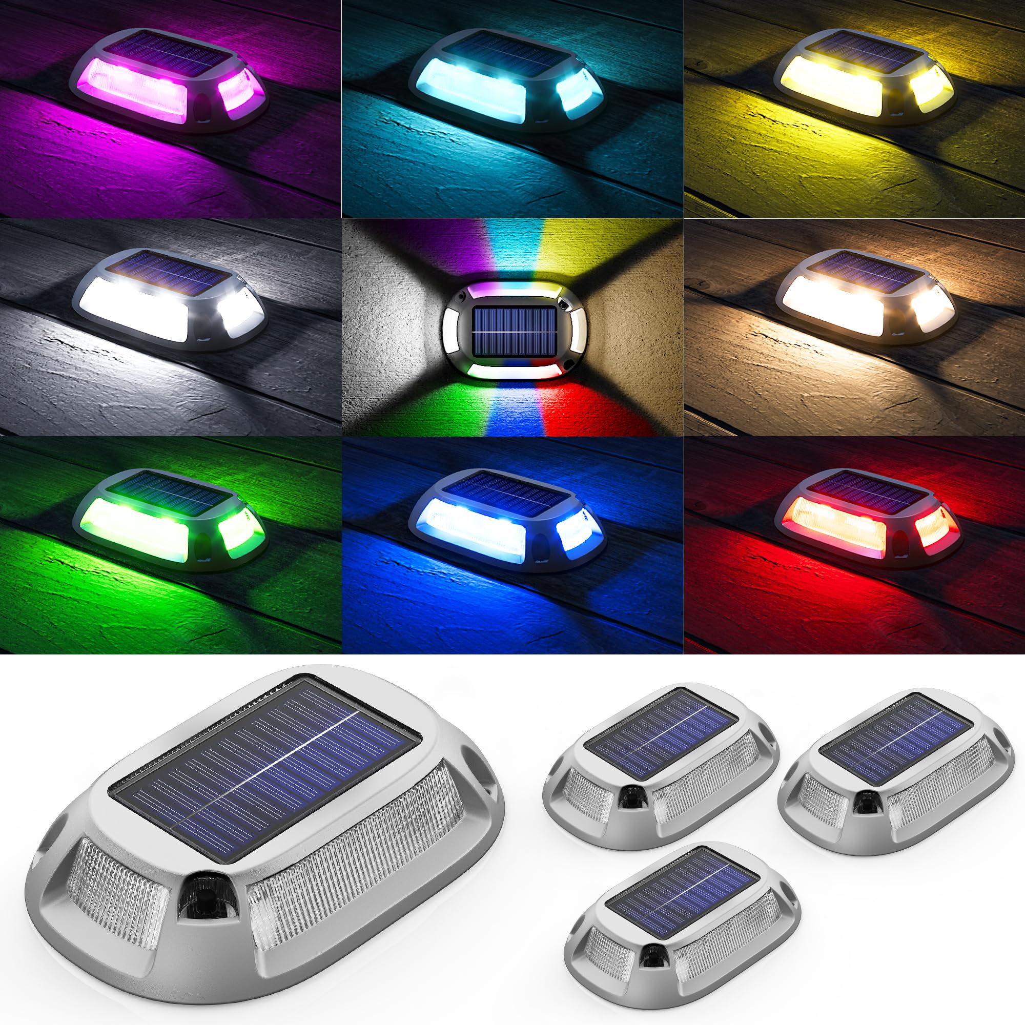 Viodaim 12Modes Multicolor Solar Driveway Lights - Ip68 Marine Dock Lights Solar Powered Waterproof - Led Driveway Markers - Aluminum Alloy Boat Dock Lights - Rgb Deck Step Pathway Light [4Pack]