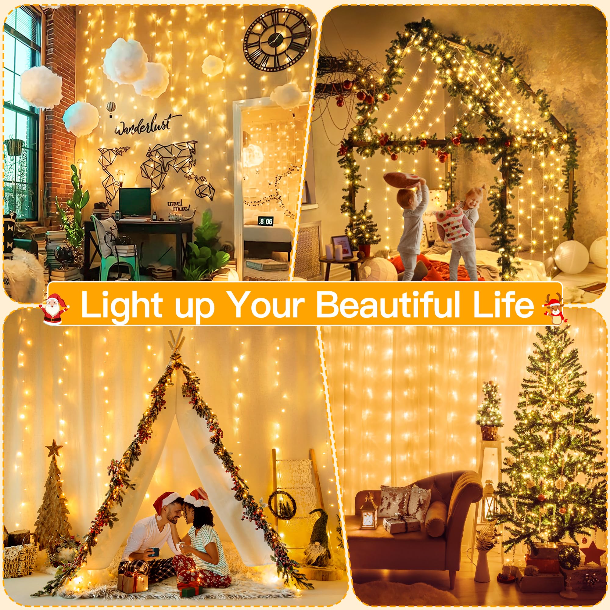 Ollny 300 LED Christmas Curtain Lights, 9.8FT Warm White, Waterproof with Remote Timer & 8 Modes, Model W0103M300L