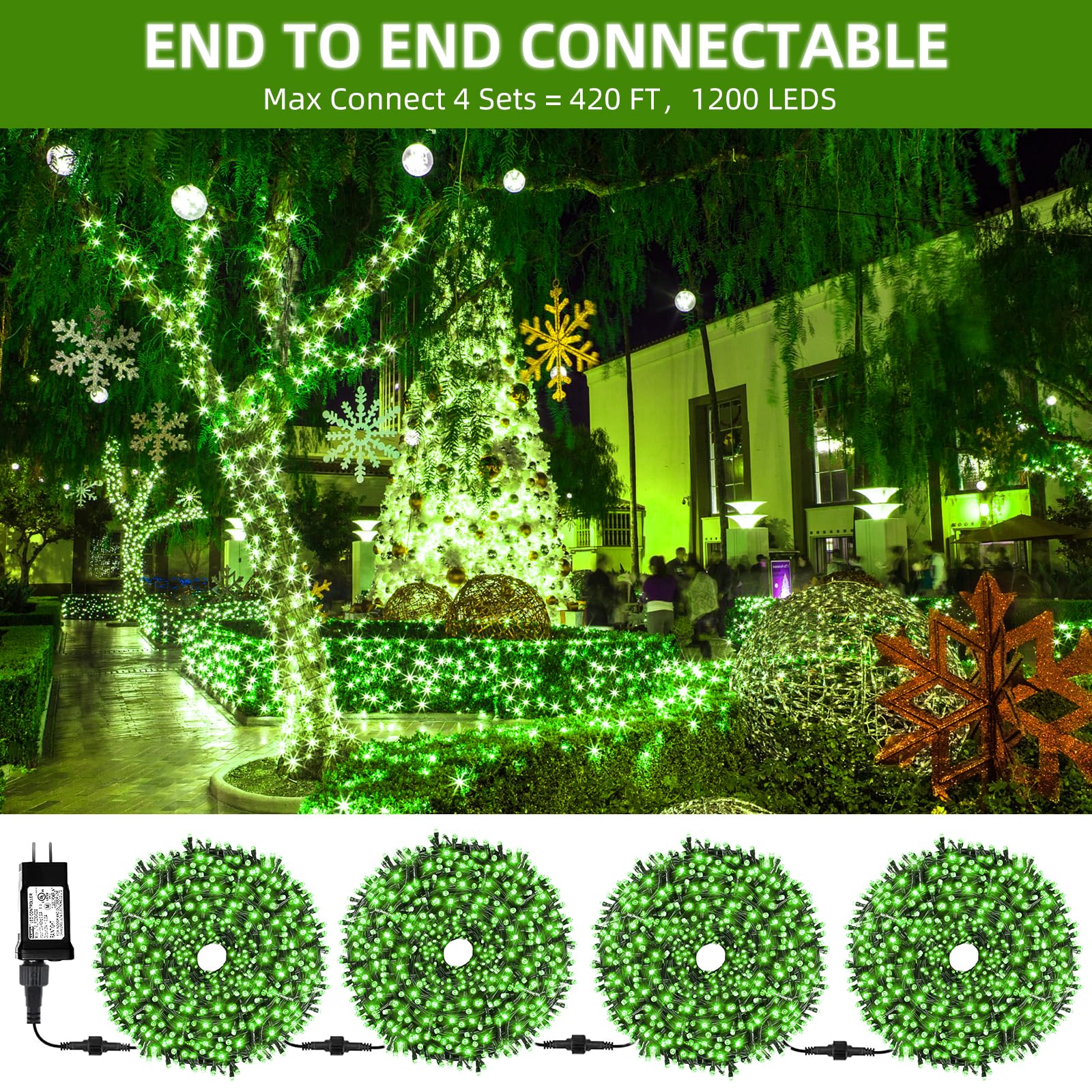 Mzd8391 Upgraded 105Ft 300Leds Christmas Lights Outdoor Indoor String Lights 8 Modes Memory Function For Christmas Tree Party Decoration (Green)