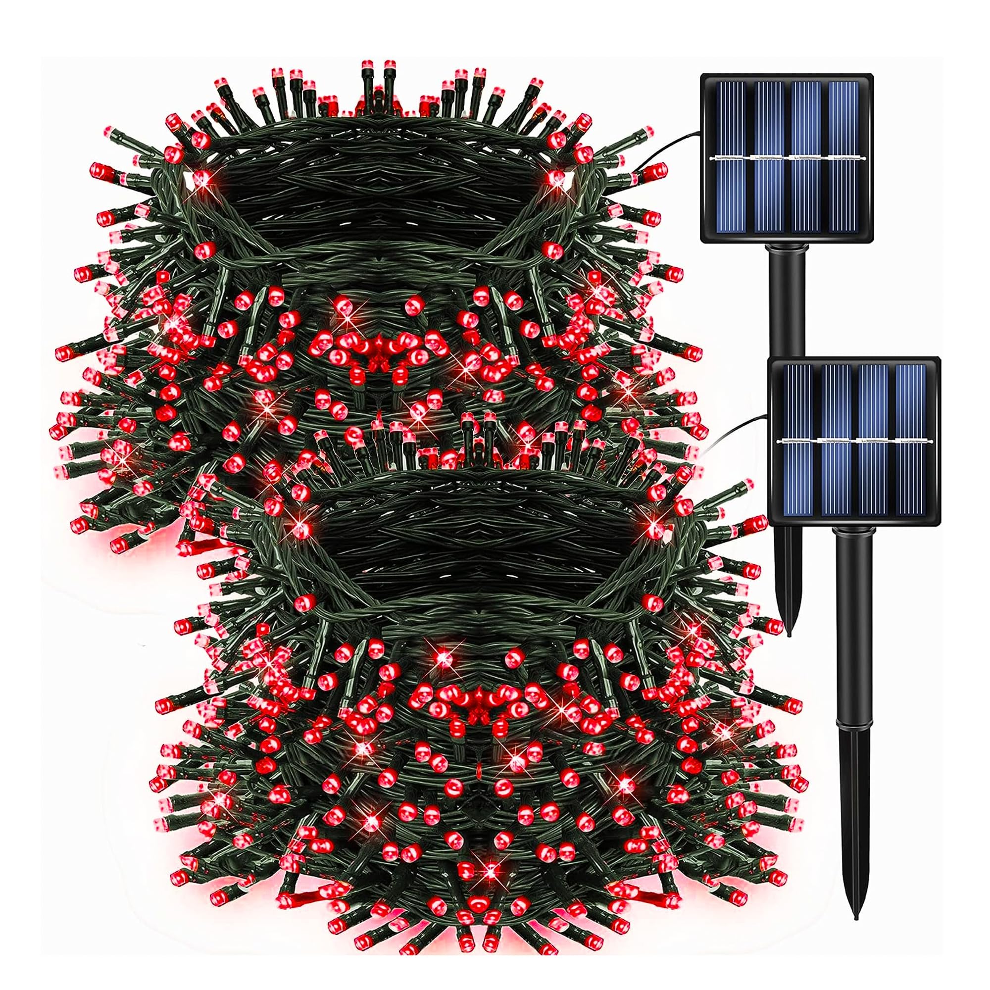 Dazzle Bright 2 Pack 200 Led 66 Ft Red Christmas Solar String Outdoor Lights, Solar Powered With 8 Modes Waterproof Fairy Lights For Bedroom Patio Garden Tree Party Yard Decoration