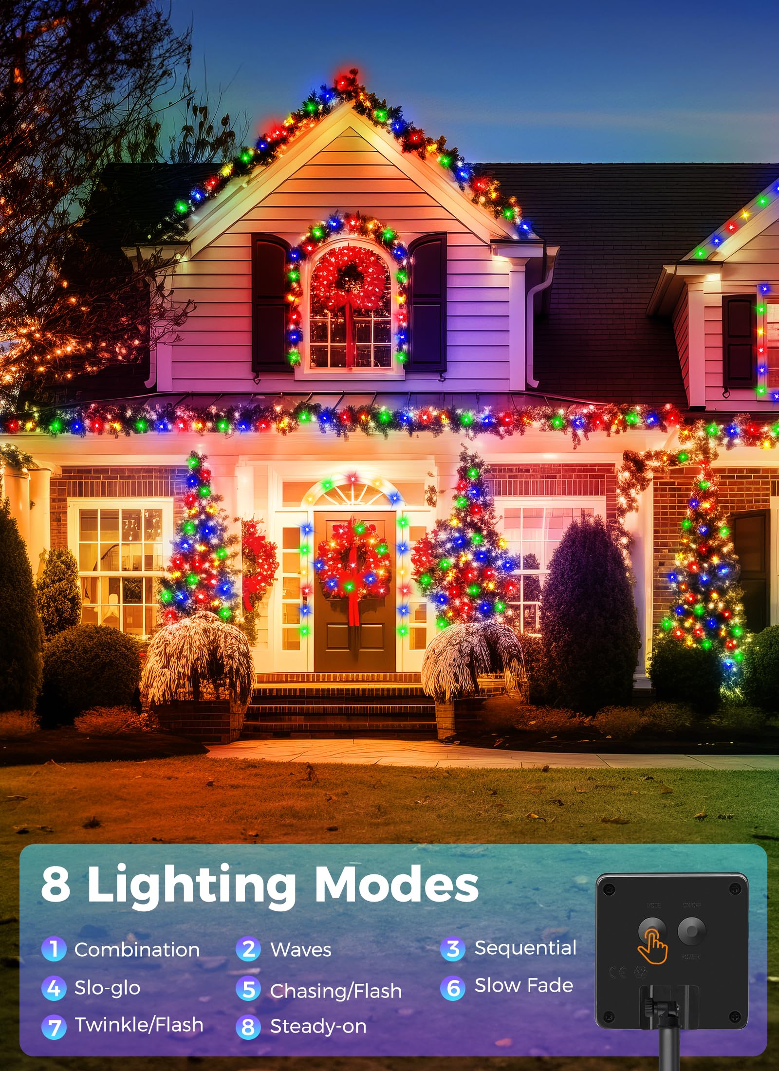 Minetom Solar Christmas Lights Outdoor - 2 Pack Total 144Ft 400 Led Christmas String Lights With 8 Lighting Modes, Ip65 Waterproof Solar String Lights For Outside Tree Xmas Party, Multicolor