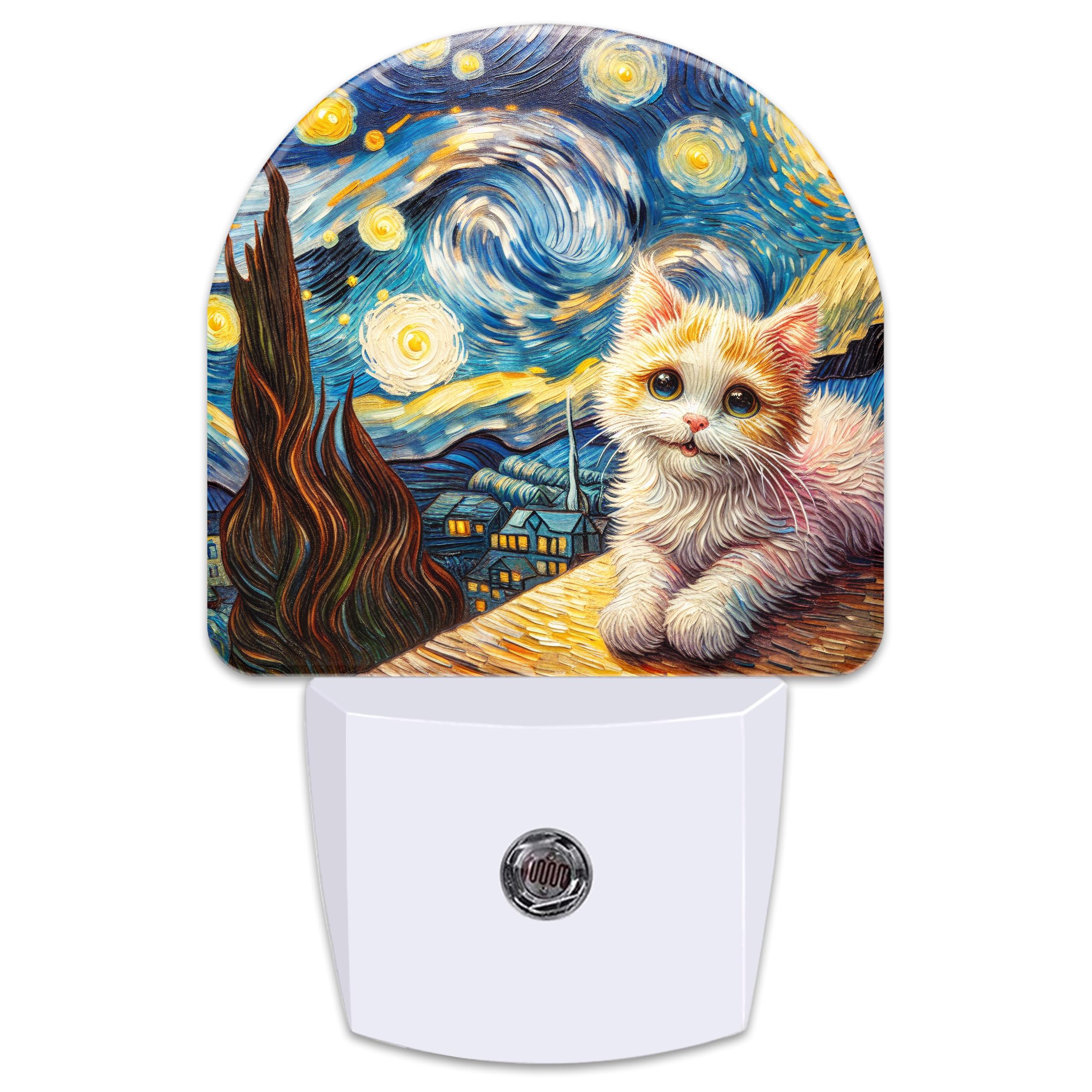 VURQLHE Cute Cat and Starry Night Night Light for Kids,Van Gogh Oil Painting Plug in Night Light with Dusk to Dawn Sensor, 0.5w