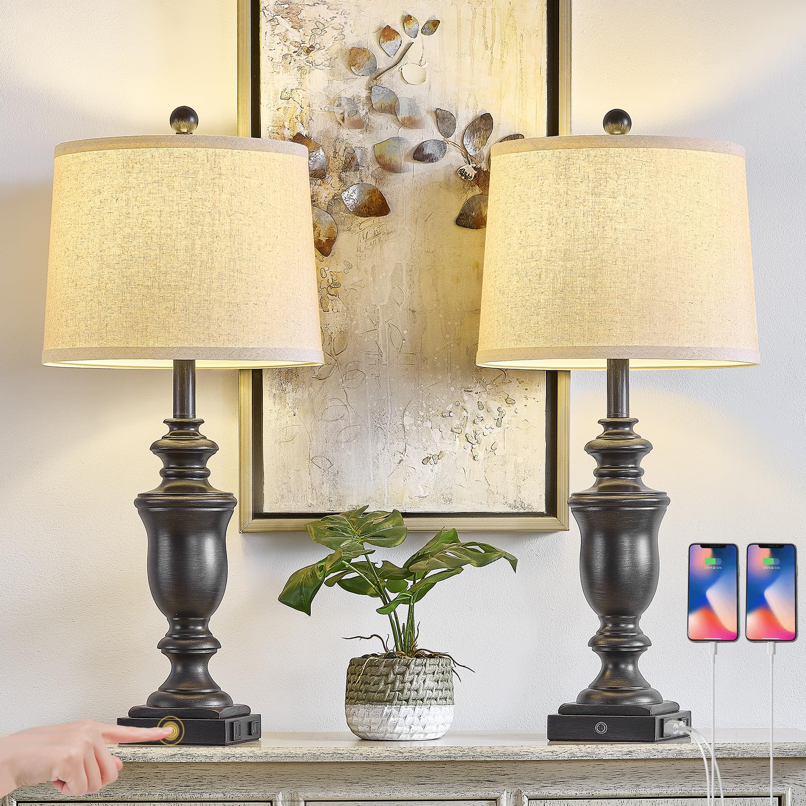 SAIWEYA Farmhouse Table Lamps Set of 2, 27.5in, 3 Way Dimmable, Resin, Antique Black, with USB & AC Outlet, Model TM-T04