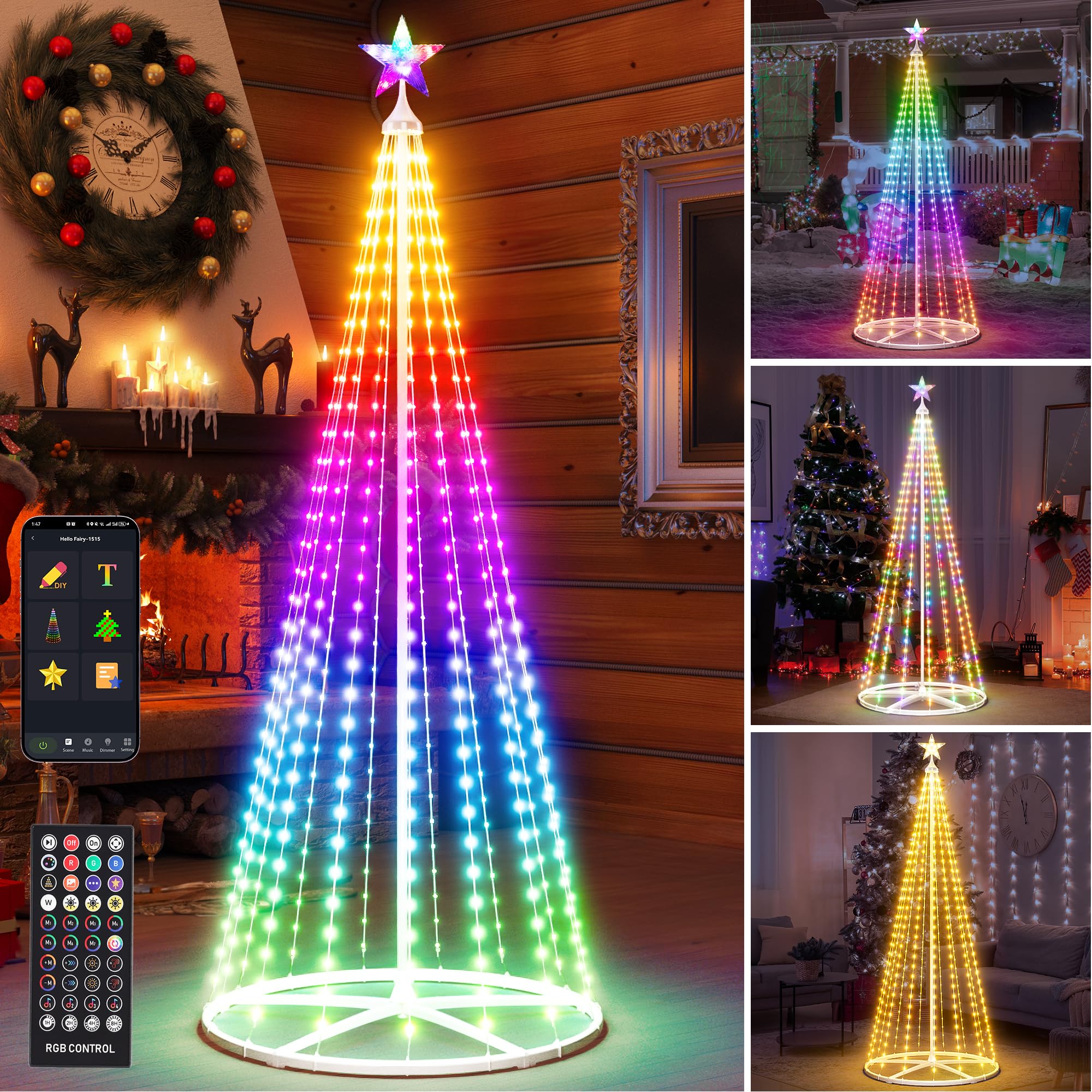 6FT Smart Cone Christmas Tree, Multicolor Prelit Outdoor Christmas Tree Lights, Music Sync, App & Remote Control, LED Light Show