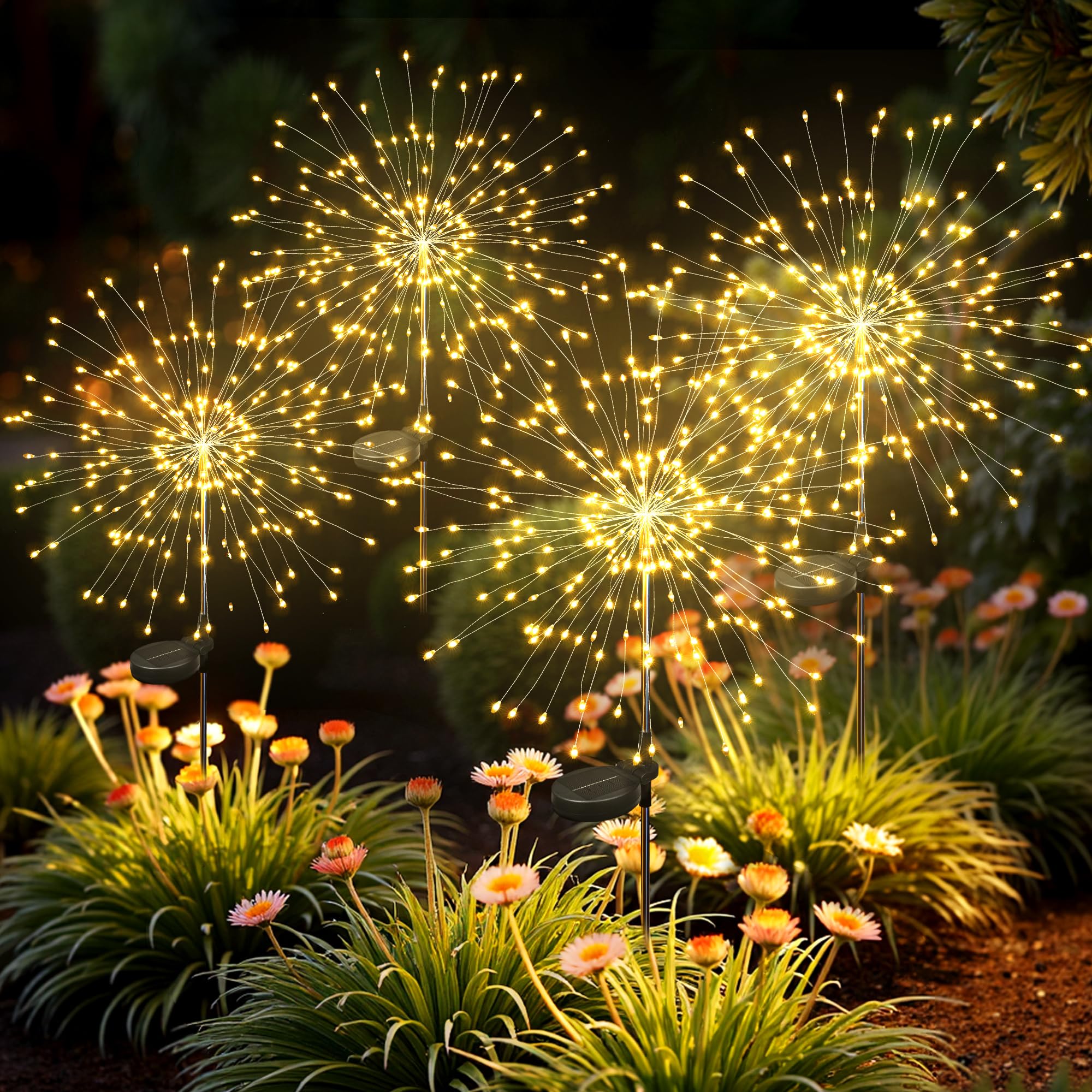 SUNCKET Solar Lights Outdoor, 120LED 4pack Fairy Garden Lights Decor for Outside Fireworks Lights Solar Powered for Yard, Patio,