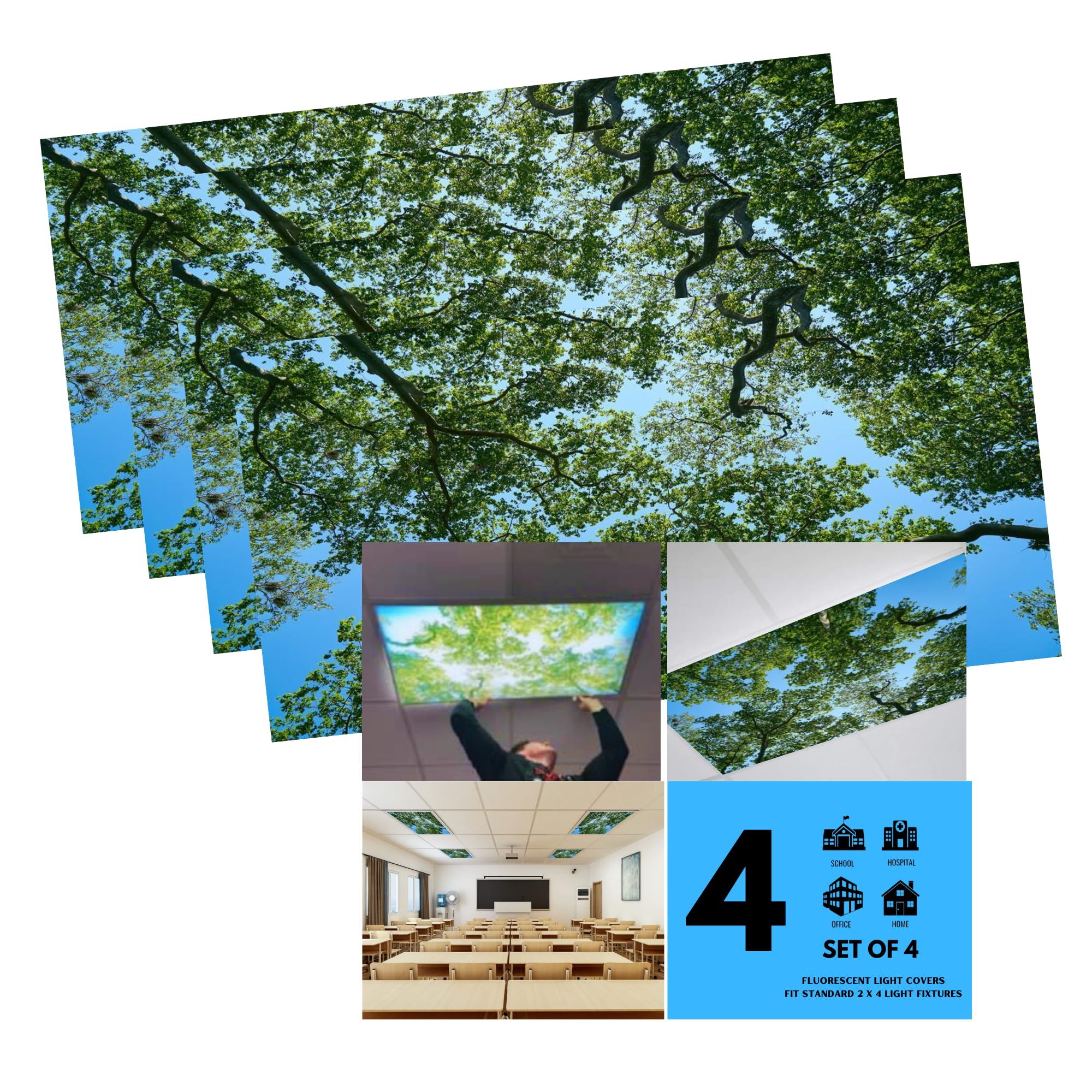 Shademagic - 4 Pack - Fluorescent Light Covers - 2X4 Film Insert For Ceiling Light Diffuser Panels - Tree Design - Classrooms And Offices - Decorative Lighting