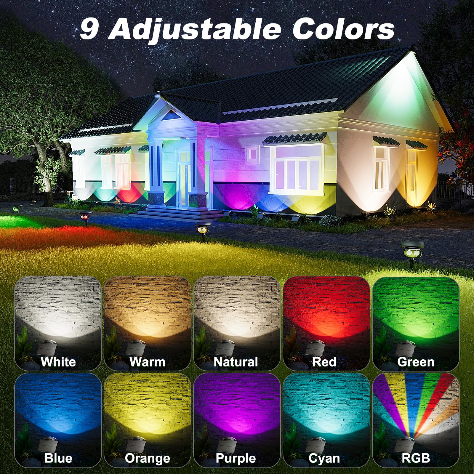 MOFOYEAH Solar Spot Lights 4 Pack, Waterproof IP68, Super Bright 9 Colors, Adjustable Brightness, Black, Model SN-DCD
