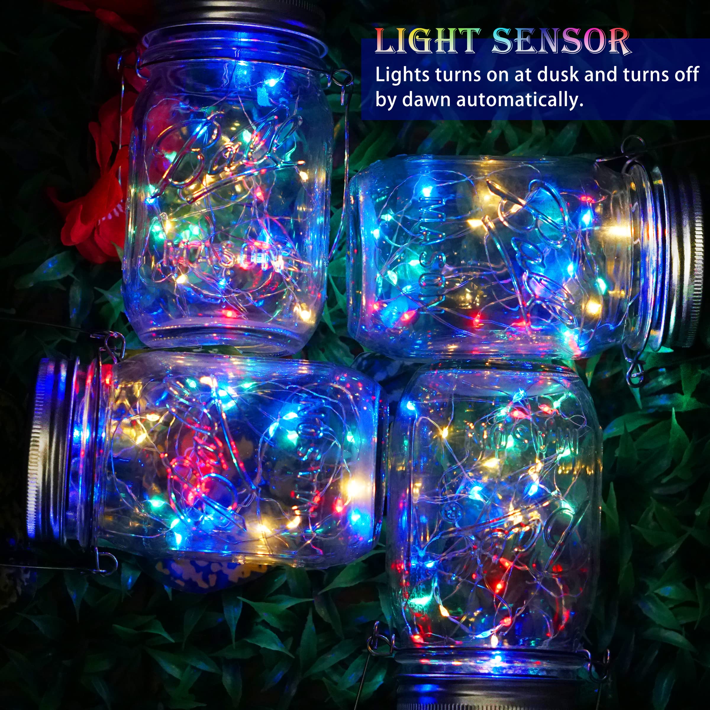 SunKite Solar Mason Jar Lights, 8 Pack 20 LED Waterproof Fairy Lights, Multi-Colored, for Patio, Yard, Garden, Wedding Decoration