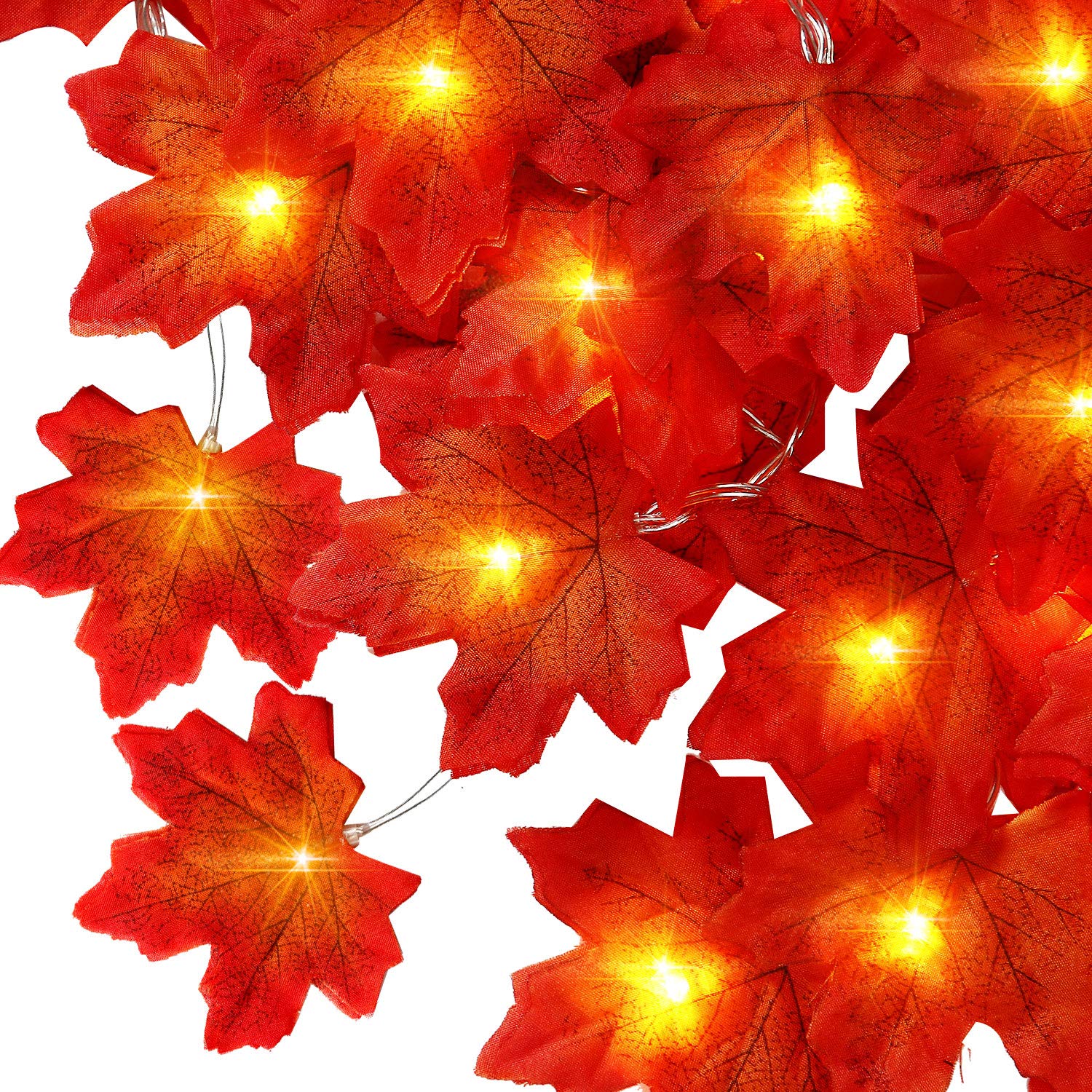 Fall Maple Leaf String 10ft 30 LED Lights Battery Powered with 8 Flicker Modes, Remote and Timer for Fall, Wedding, Christmas, T